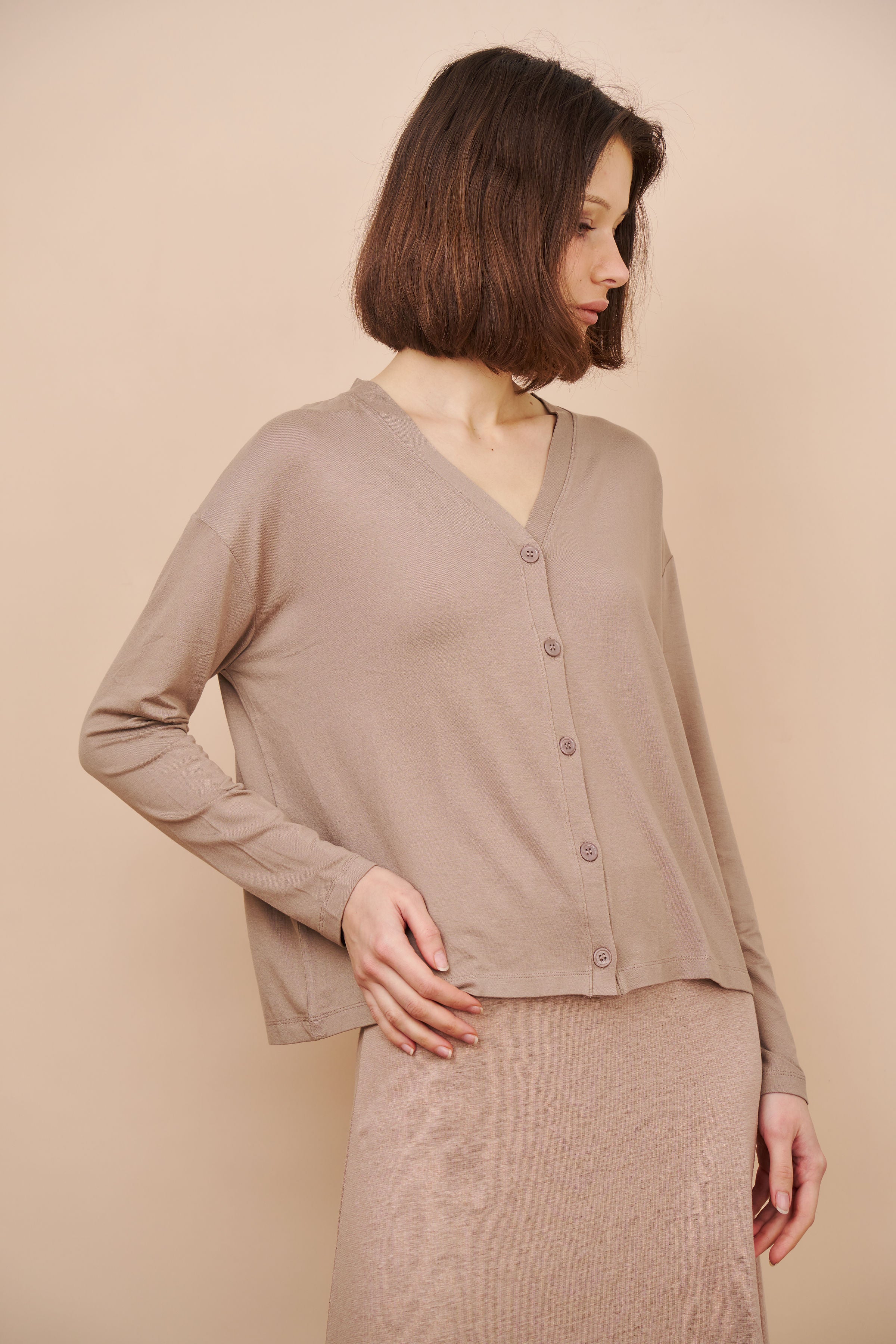 Majestic Soft Touch V-Neck Cardigan in Coffee Latte