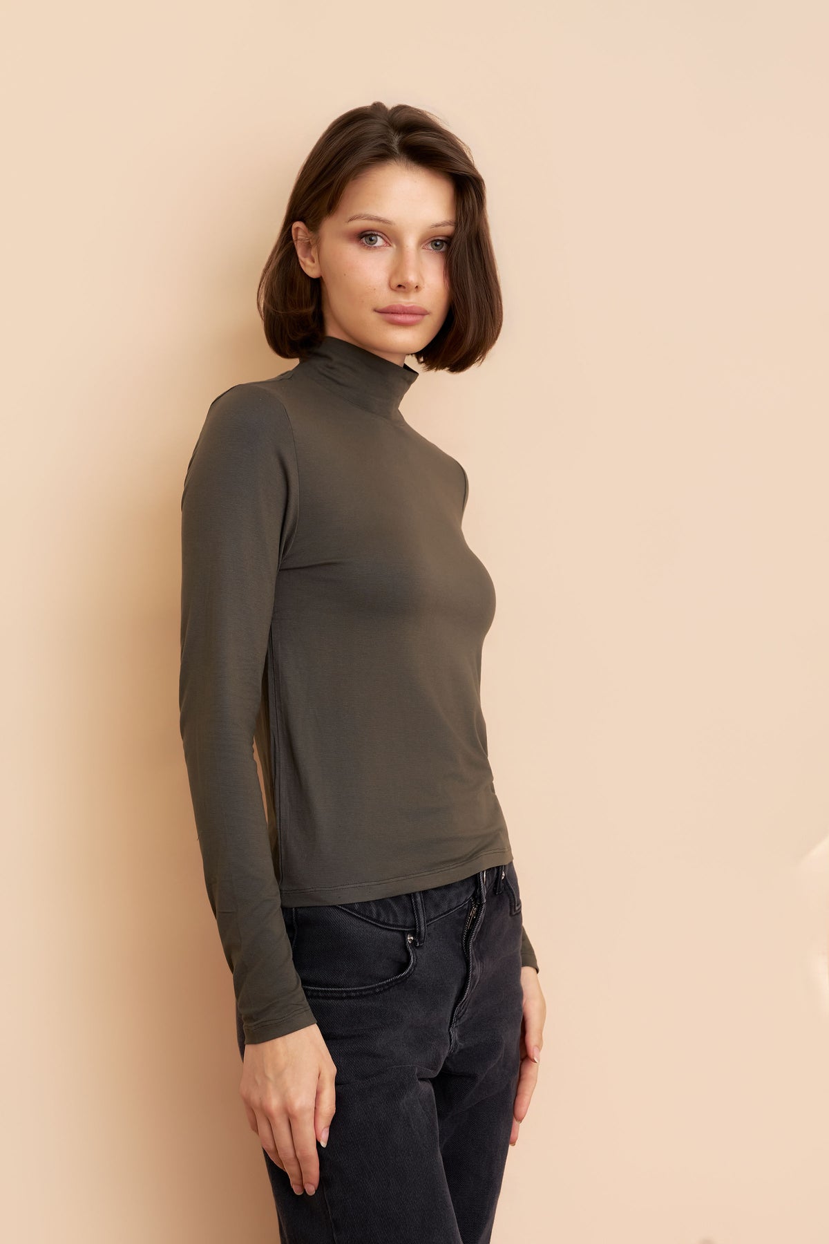 Soft Touch Crop Long Sleeve Mock Neck in Volcanic Rock