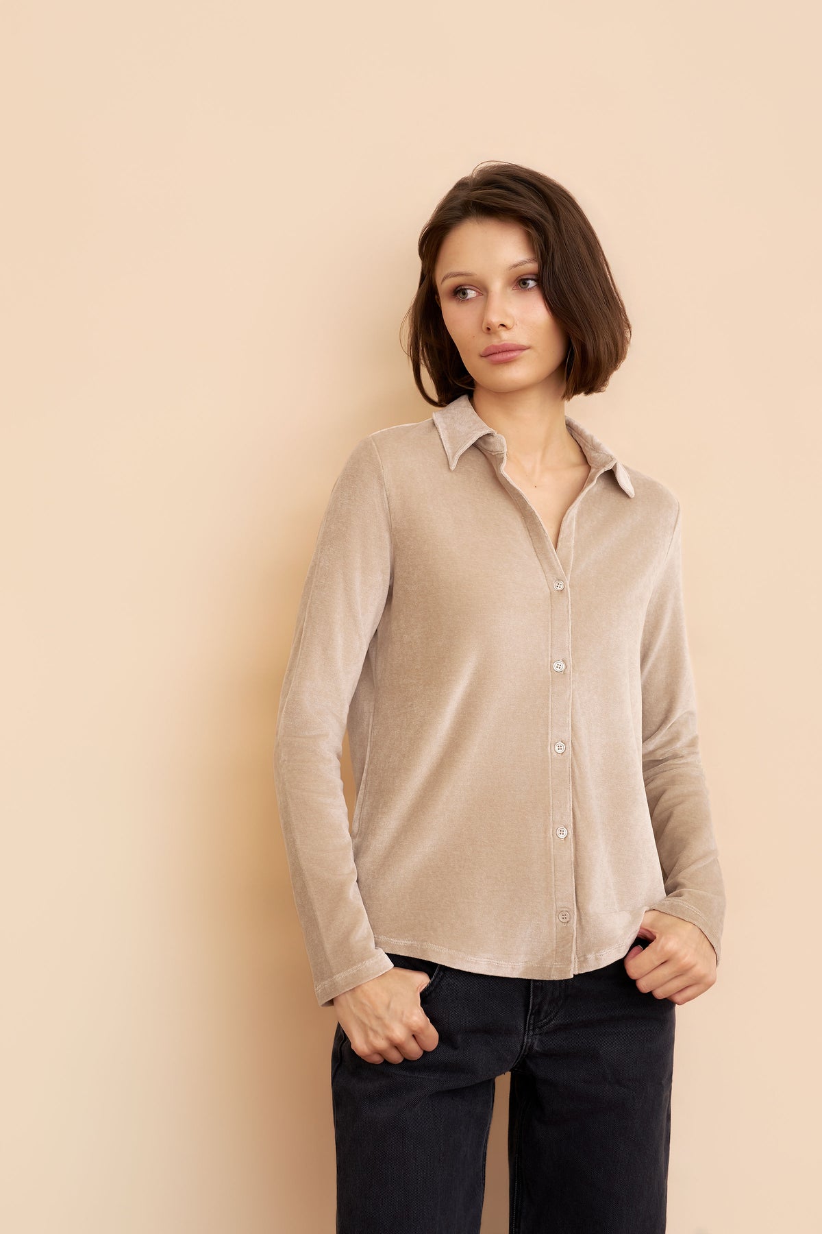 Velour Long Sleeve Shirt in Barley Beige