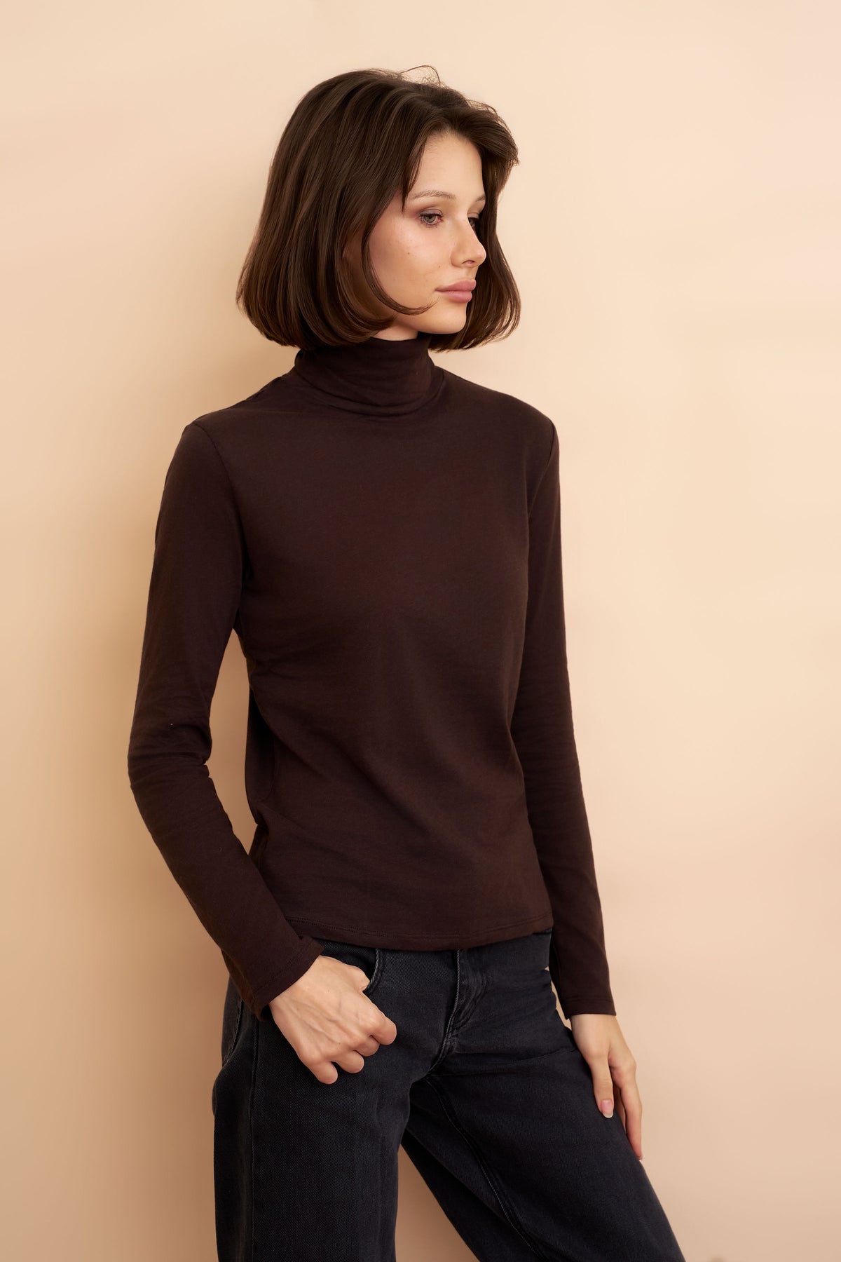 Majestic Long Sleeve Cotton/Cashmere Turtleneck in Chocolate Mousse