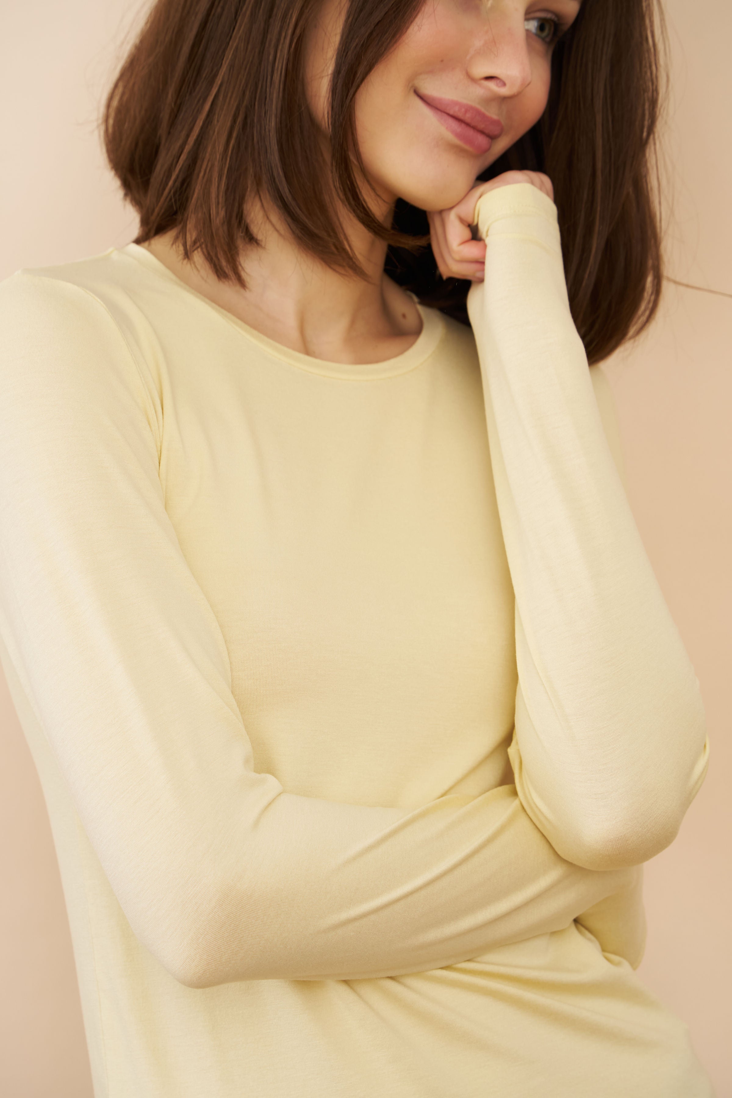 Majestic Long Sleeve Soft Touch Viscose Crewneck in Poussin