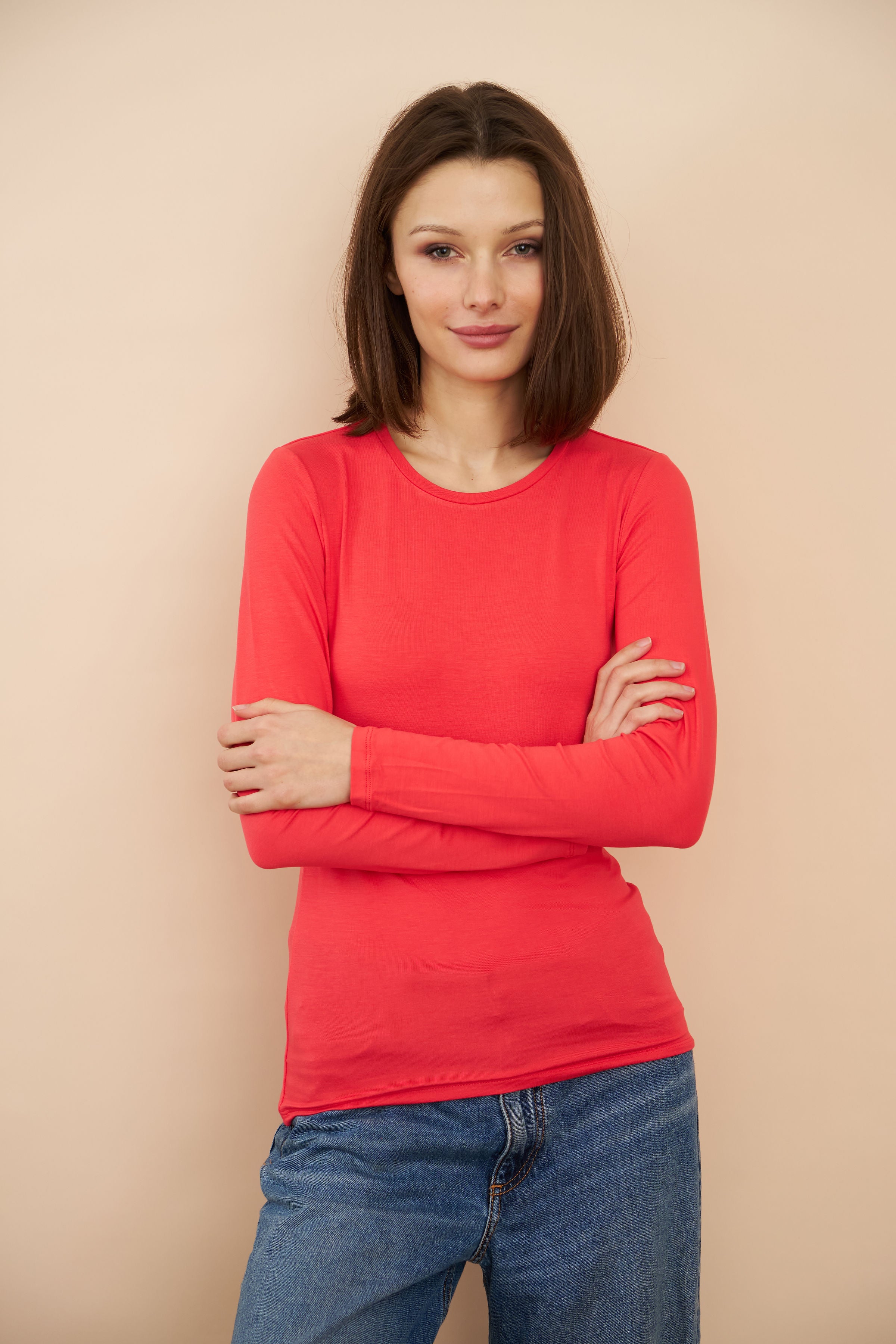 Majestic Long Sleeve Soft Touch Viscose Crewneck in Hibiscus