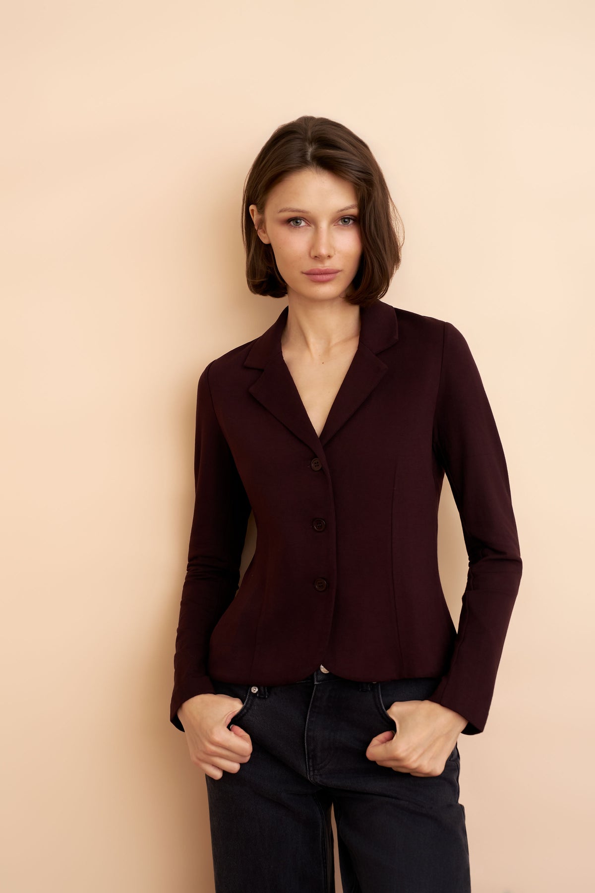 French Terry Crop Long Sleeve Three Button Blazer in Aubergine