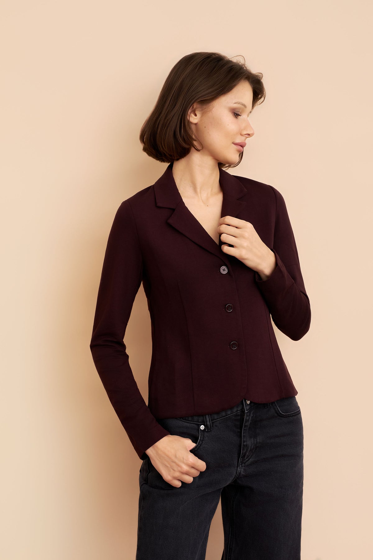 French Terry Crop Long Sleeve Three Button Blazer in Aubergine