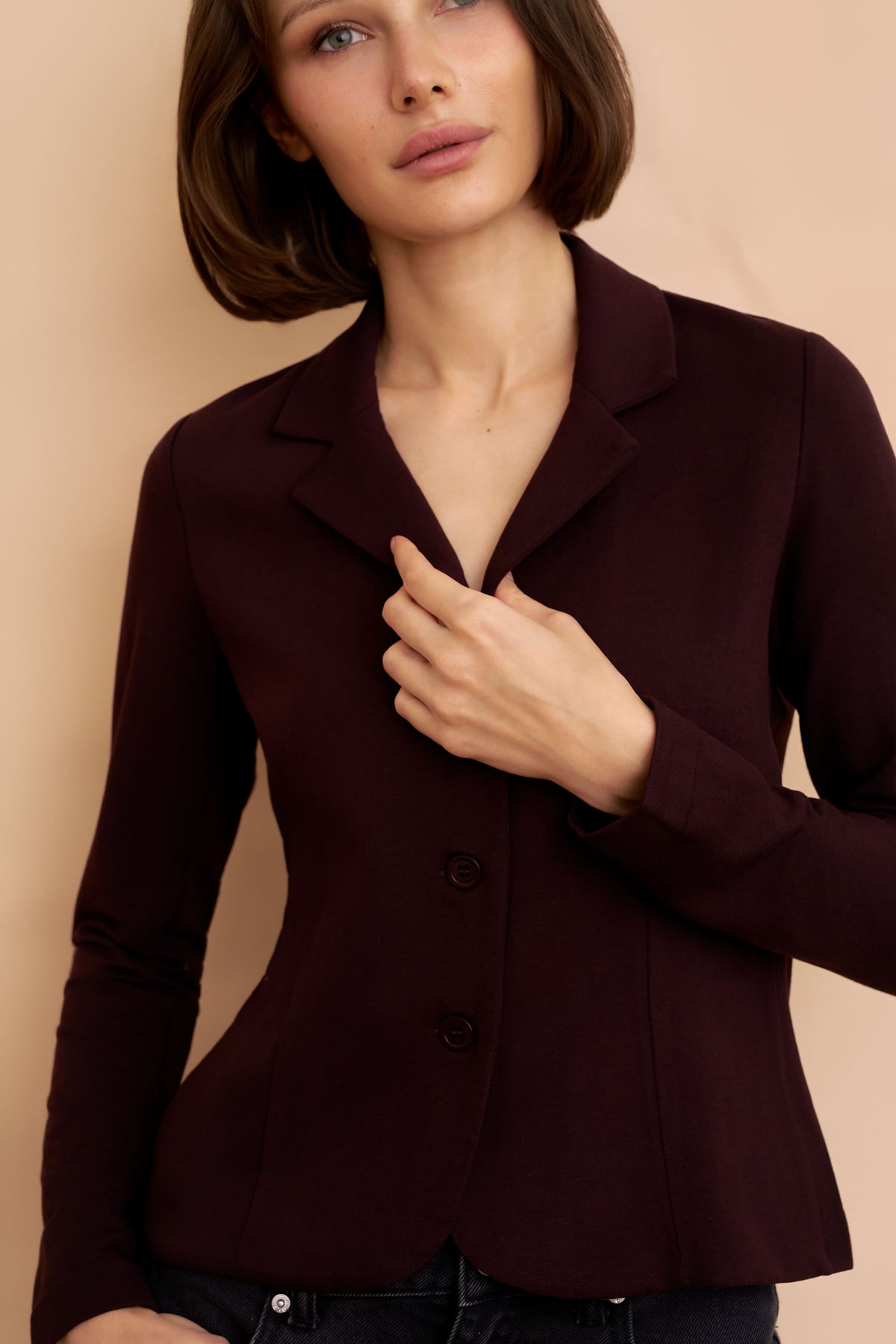 French Terry Crop Long Sleeve Three Button Blazer in Aubergine