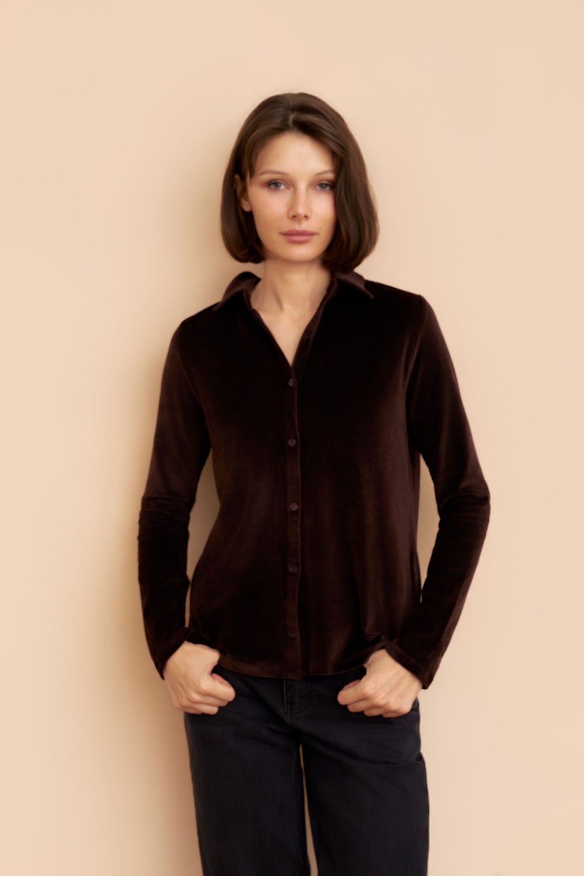 Velour Long Sleeve Shirt in Chocolate Mousse