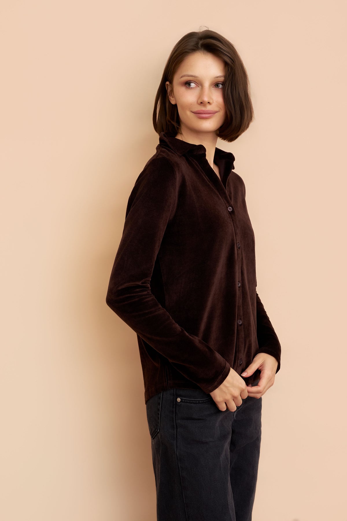 Velour Long Sleeve Shirt in Chocolate Mousse