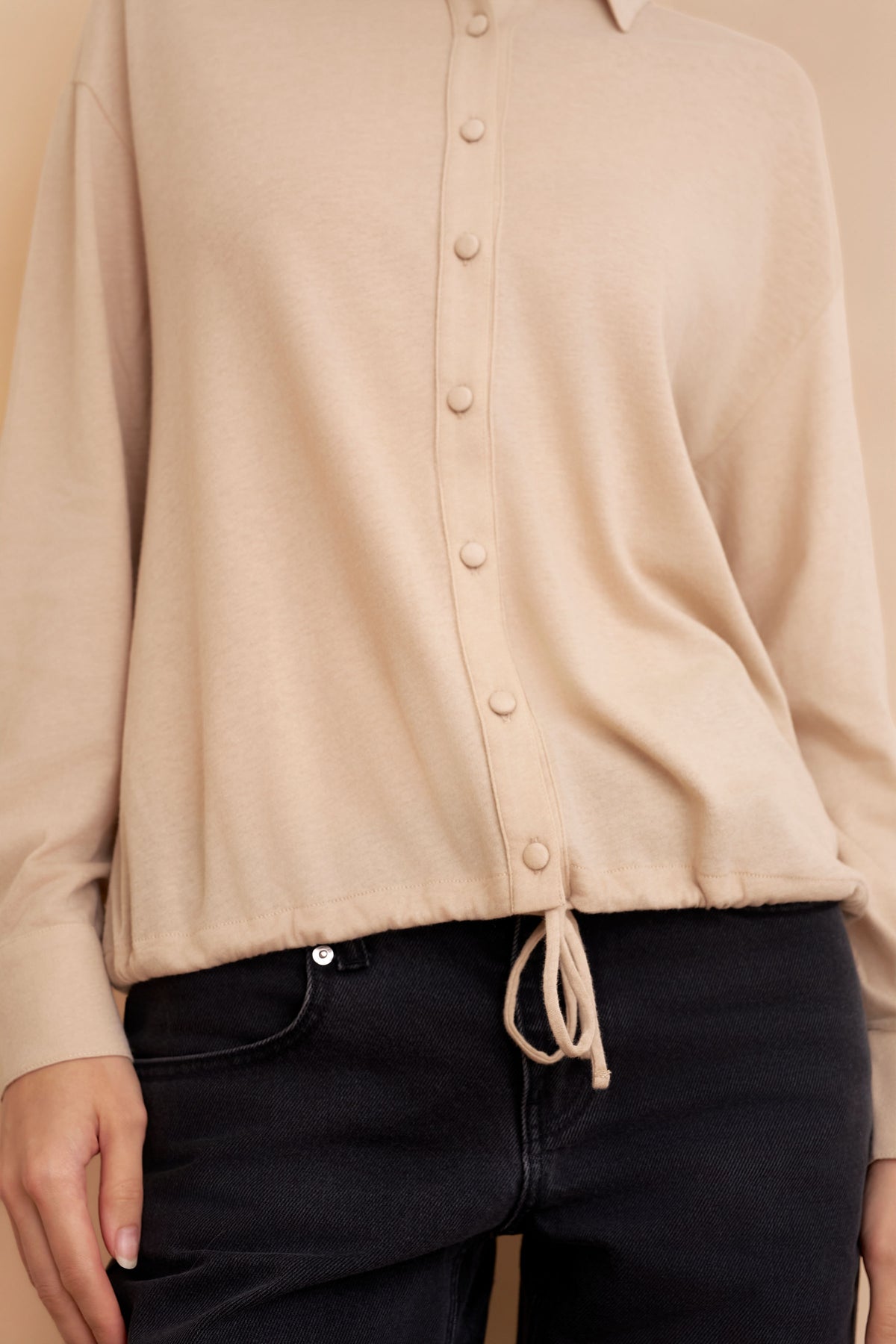 Cotton Cashmere Long Sleeve Relaxed Drawstring Shirt in Powder Blush