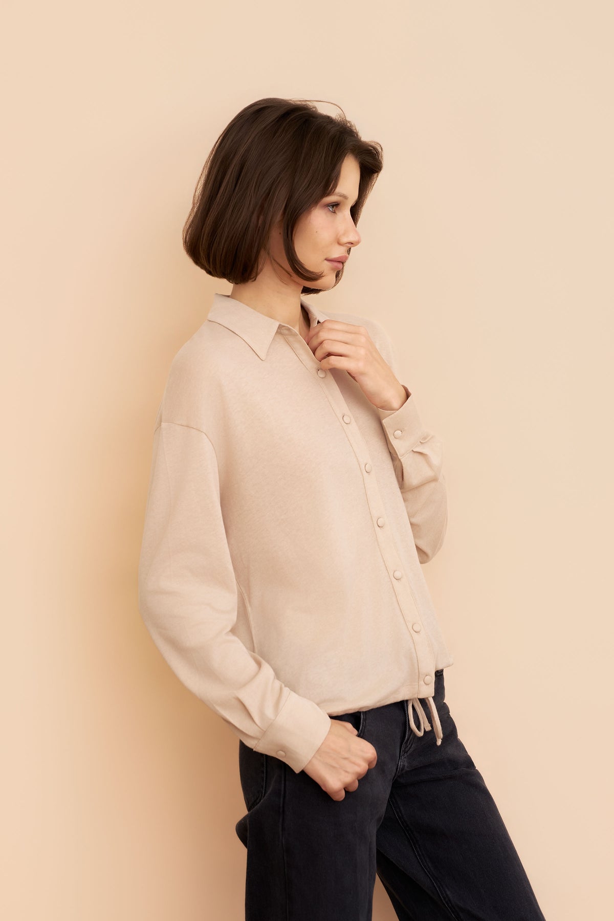 Cotton Cashmere Long Sleeve Relaxed Drawstring Shirt in Powder Blush
