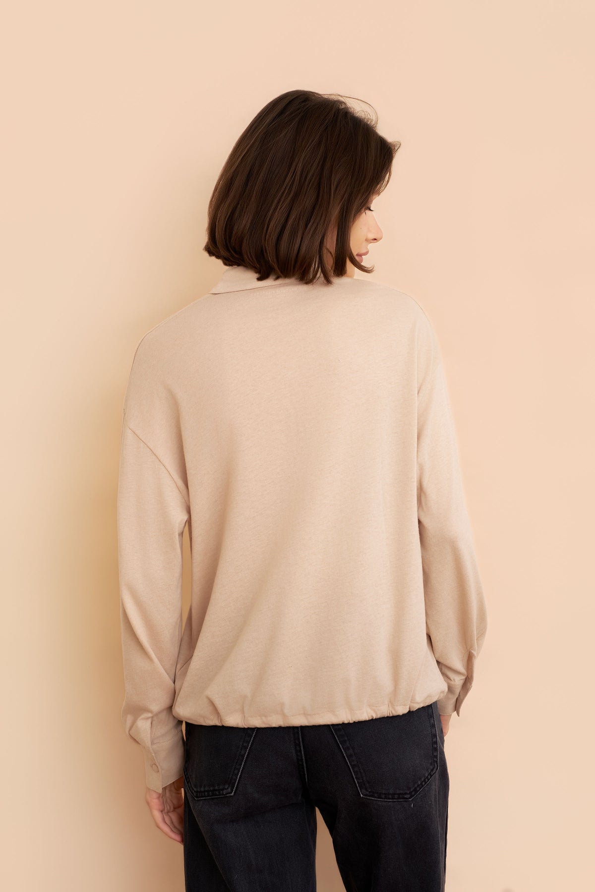 Cotton Cashmere Long Sleeve Relaxed Drawstring Shirt in Powder Blush
