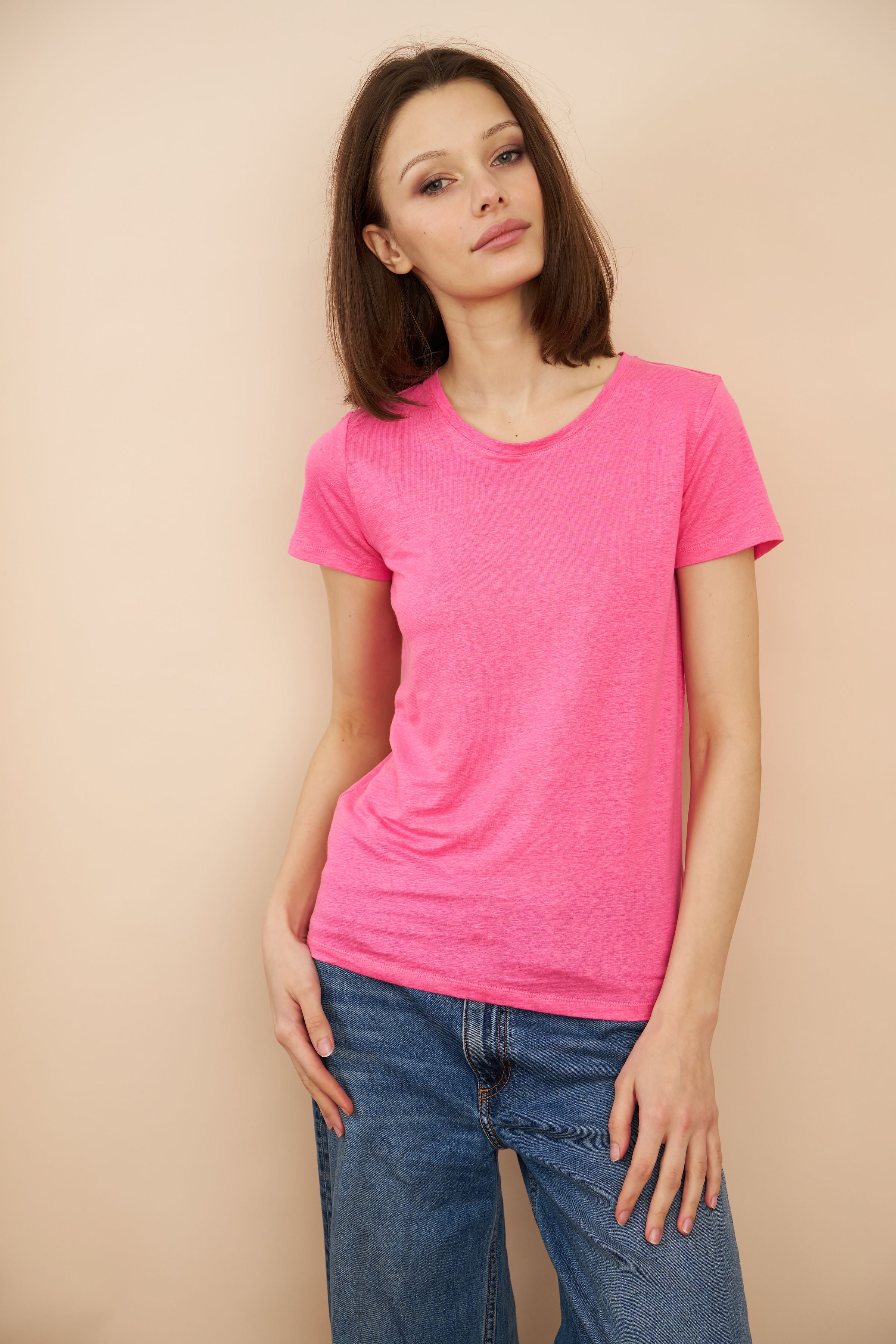 Majestic Linen Short Sleeve Crew Tee in Candy Pink