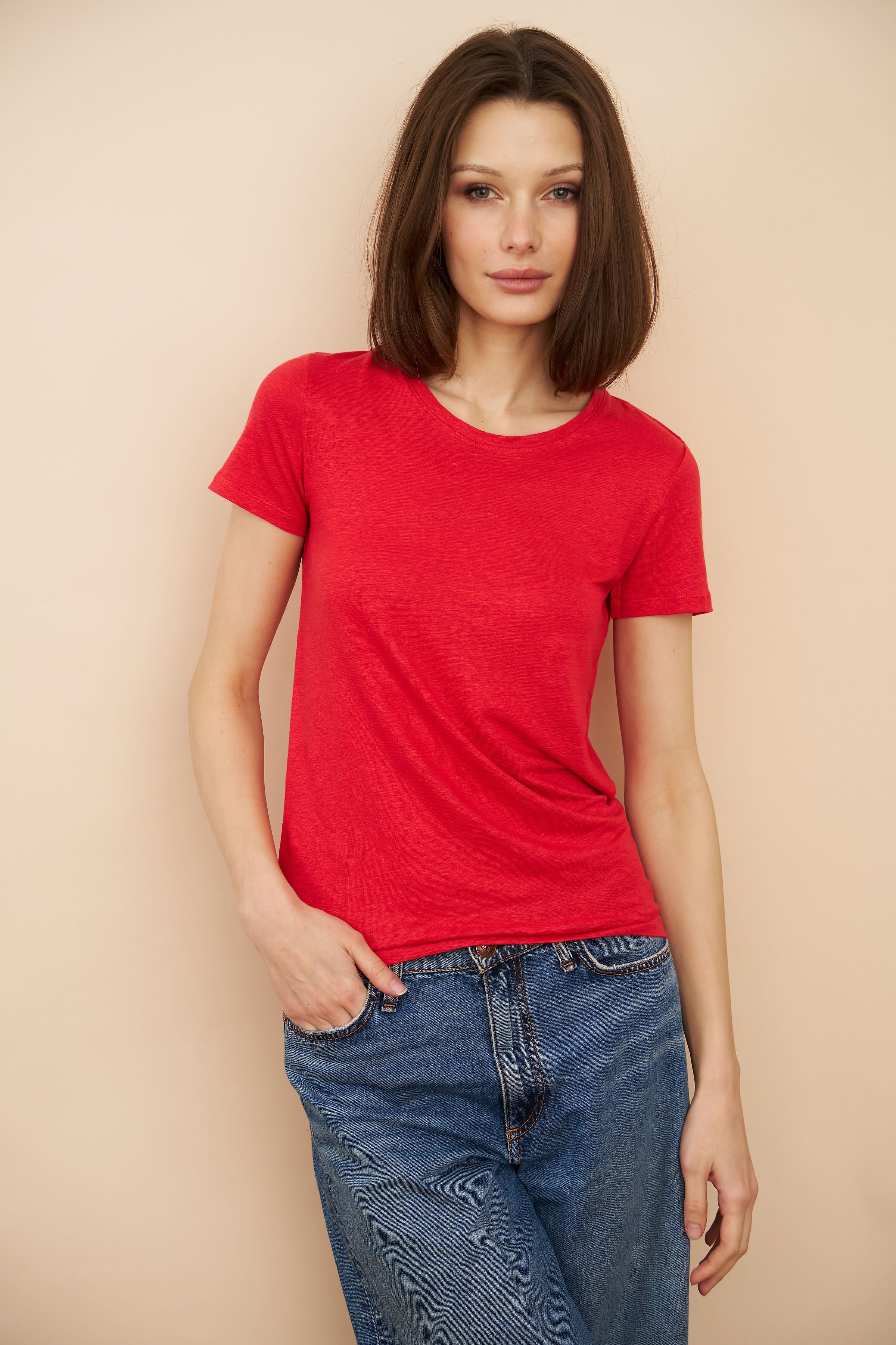 Majestic Linen Short Sleeve Crew Tee in Tomate