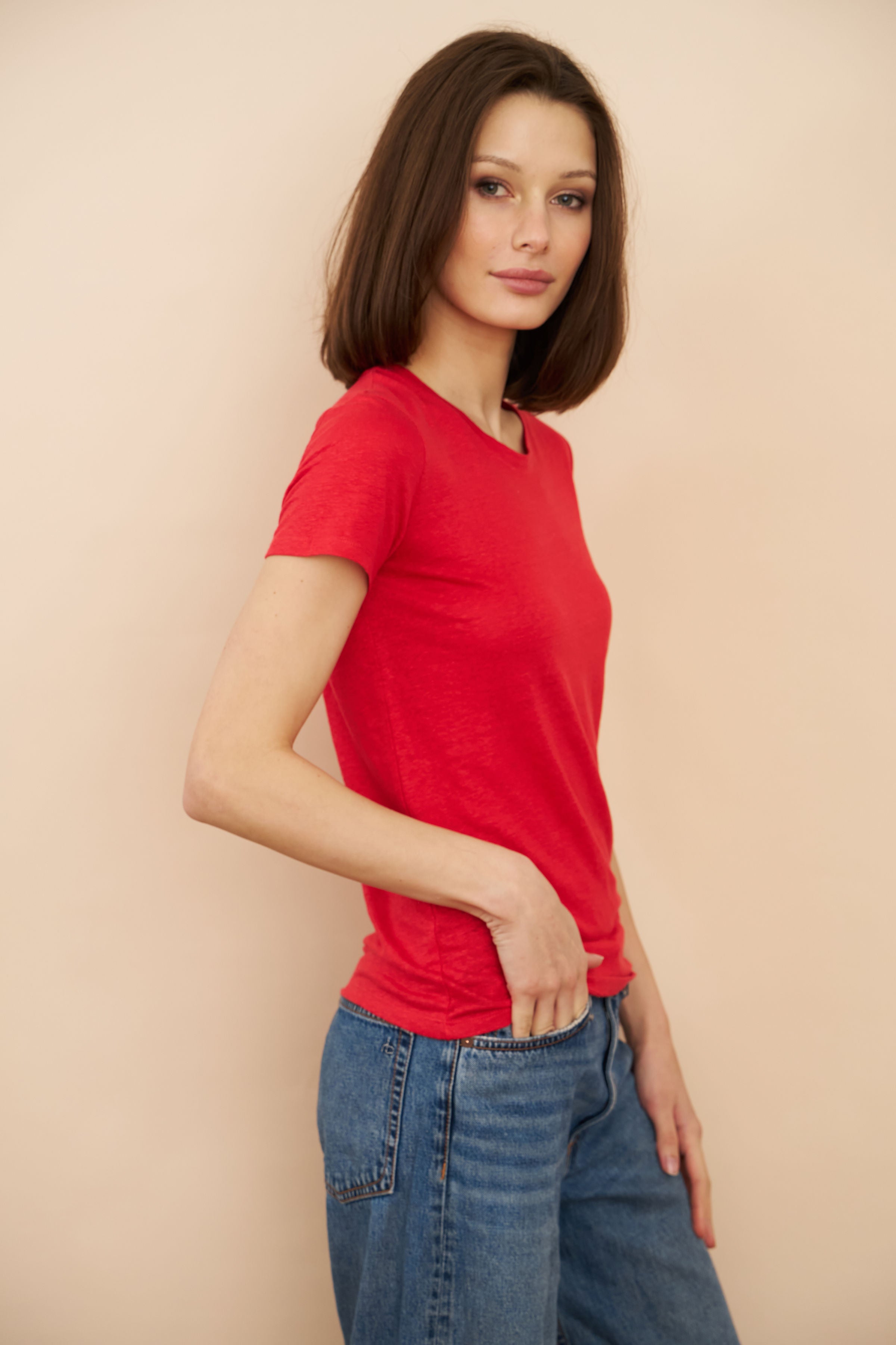 Majestic Linen Short Sleeve Crew Tee in Tomate