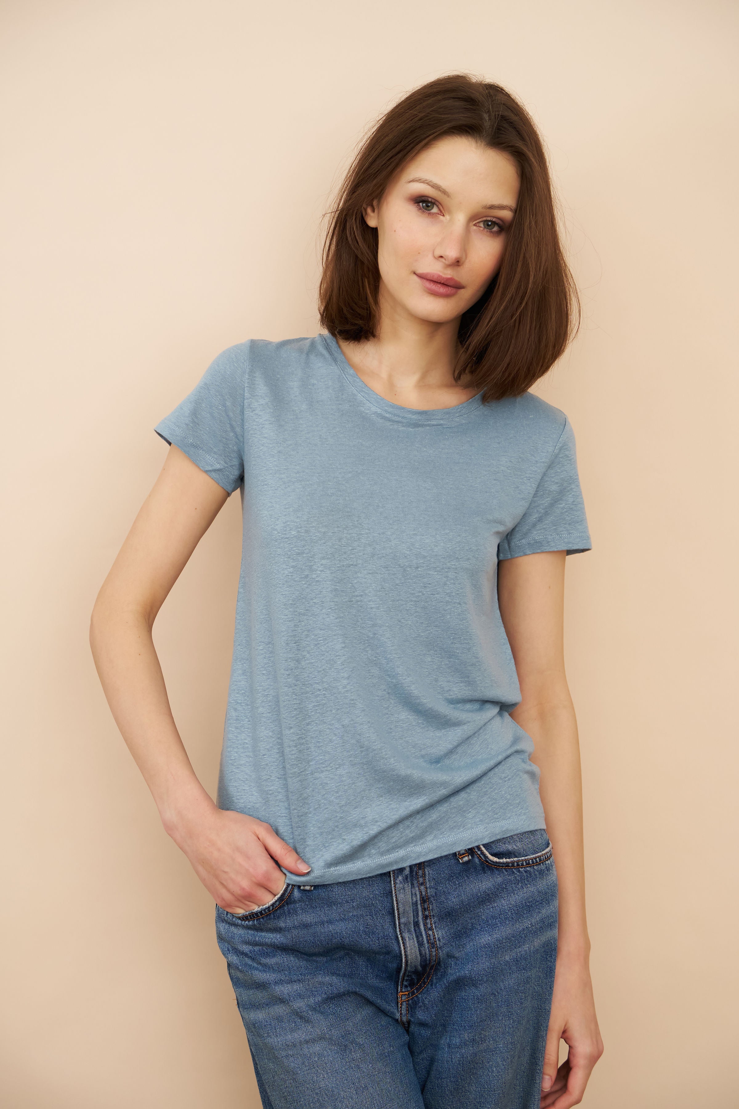 Majestic Linen Short Sleeve Crew Tee in Ocean