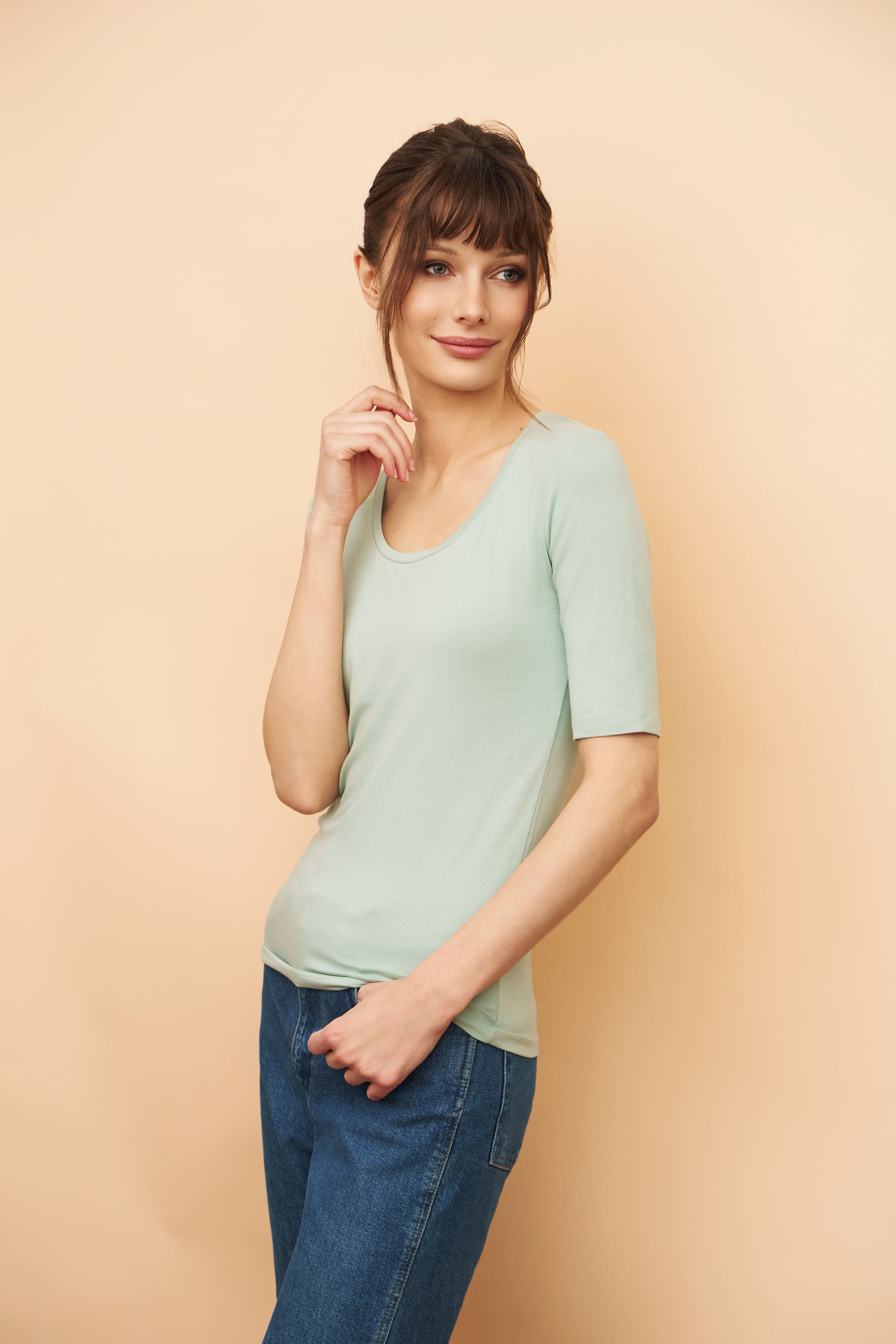 Majestic Elbow Sleeve Scoop Neck Tee in Azur