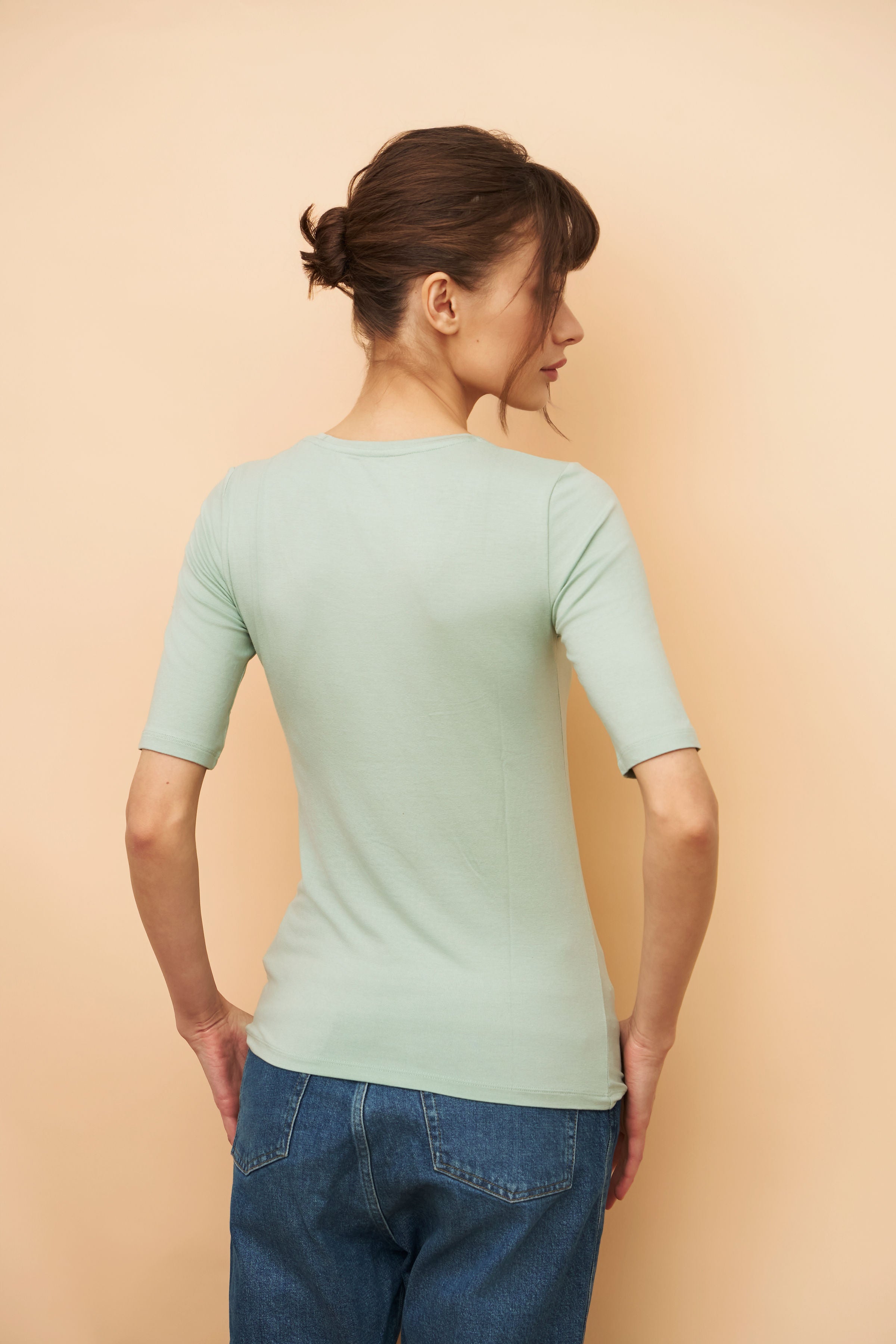 Majestic Elbow Sleeve Scoop Neck Tee in Azur