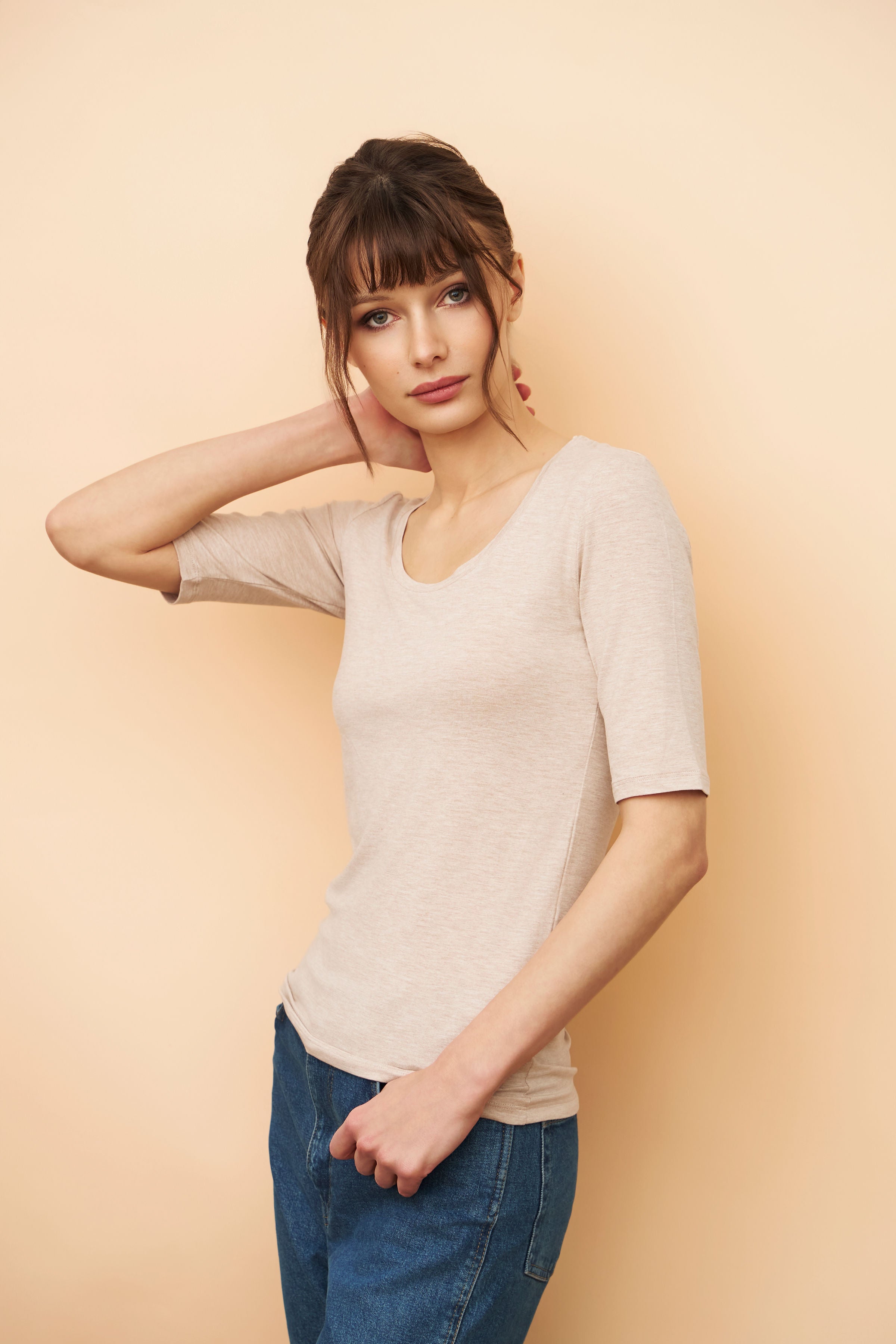 Majestic Elbow Sleeve Scoop Neck Tee in Ecru Chine