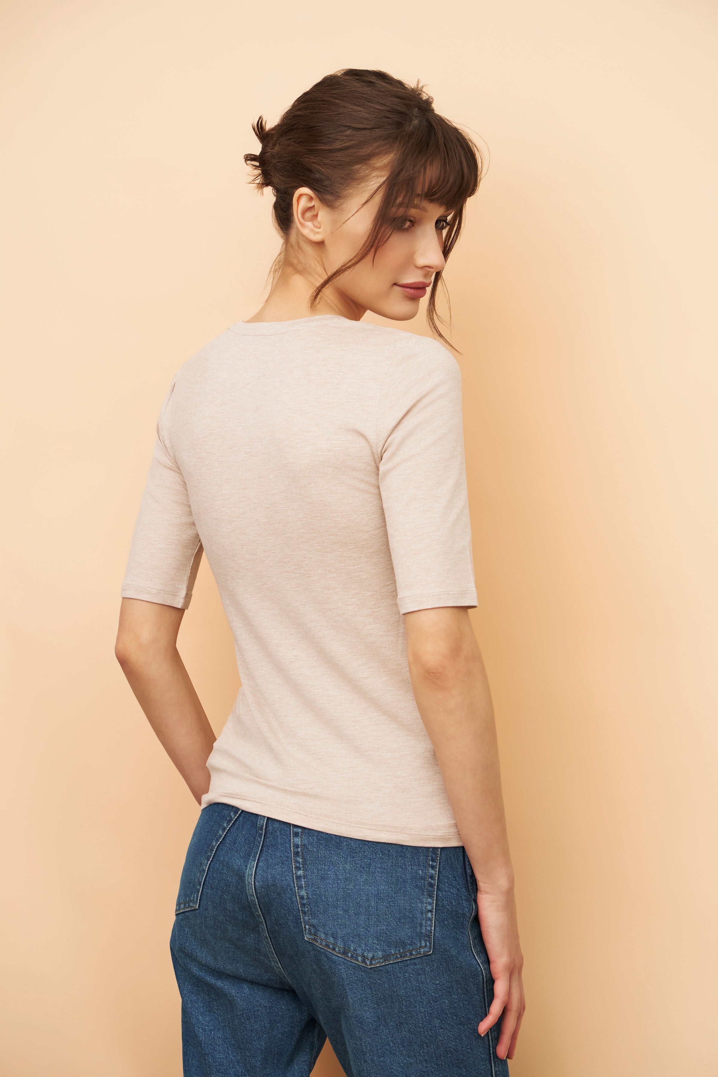 Majestic Elbow Sleeve Scoop Neck Tee in Ecru Chine