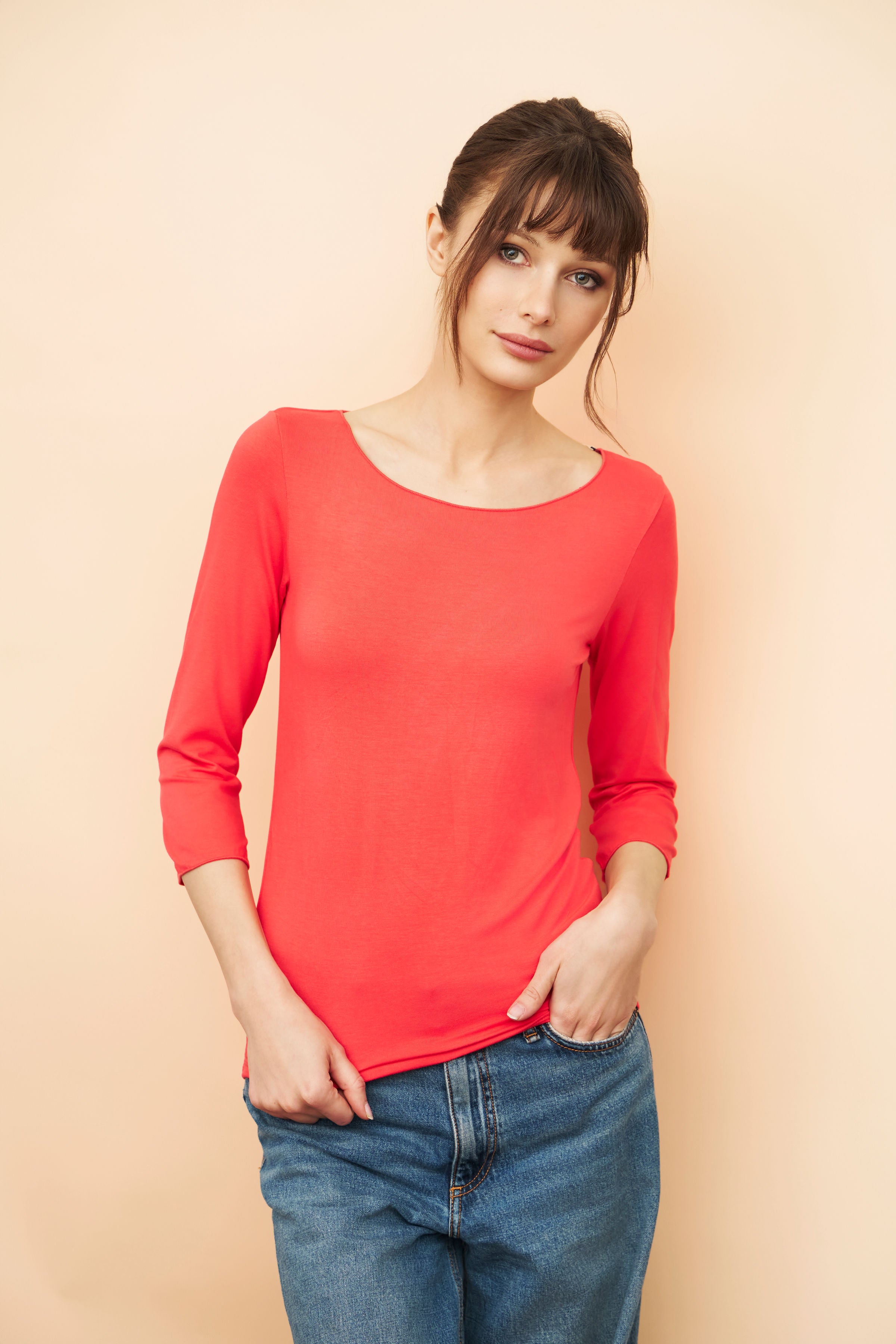 Majestic Soft Touch 3/4 Sleeve Merrow Edge Boatneck in Hibiscus