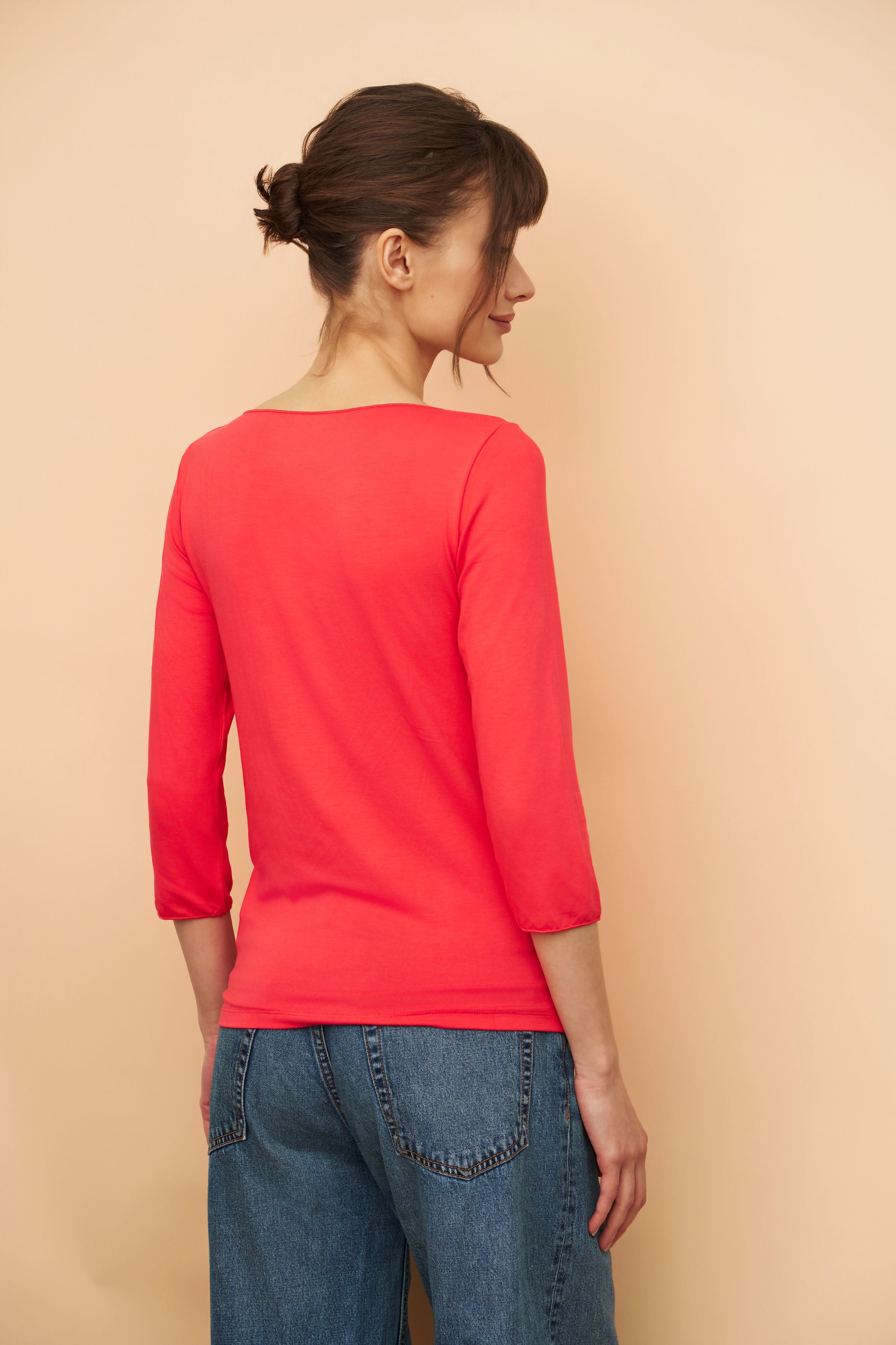 Majestic Soft Touch 3/4 Sleeve Merrow Edge Boatneck in Hibiscus