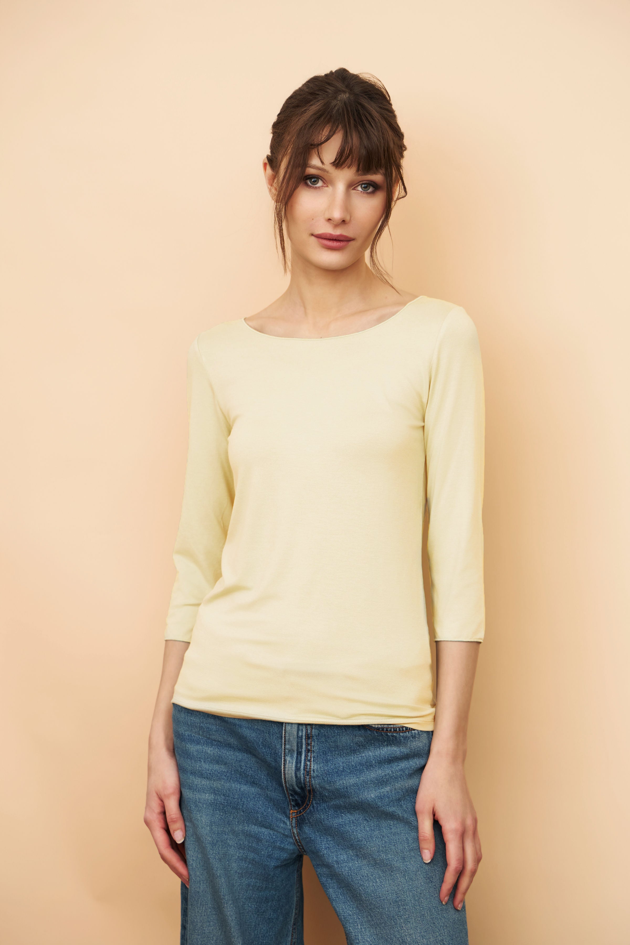 Majestic Soft Touch 3/4 Sleeve Merrow Edge Boatneck in Poussin