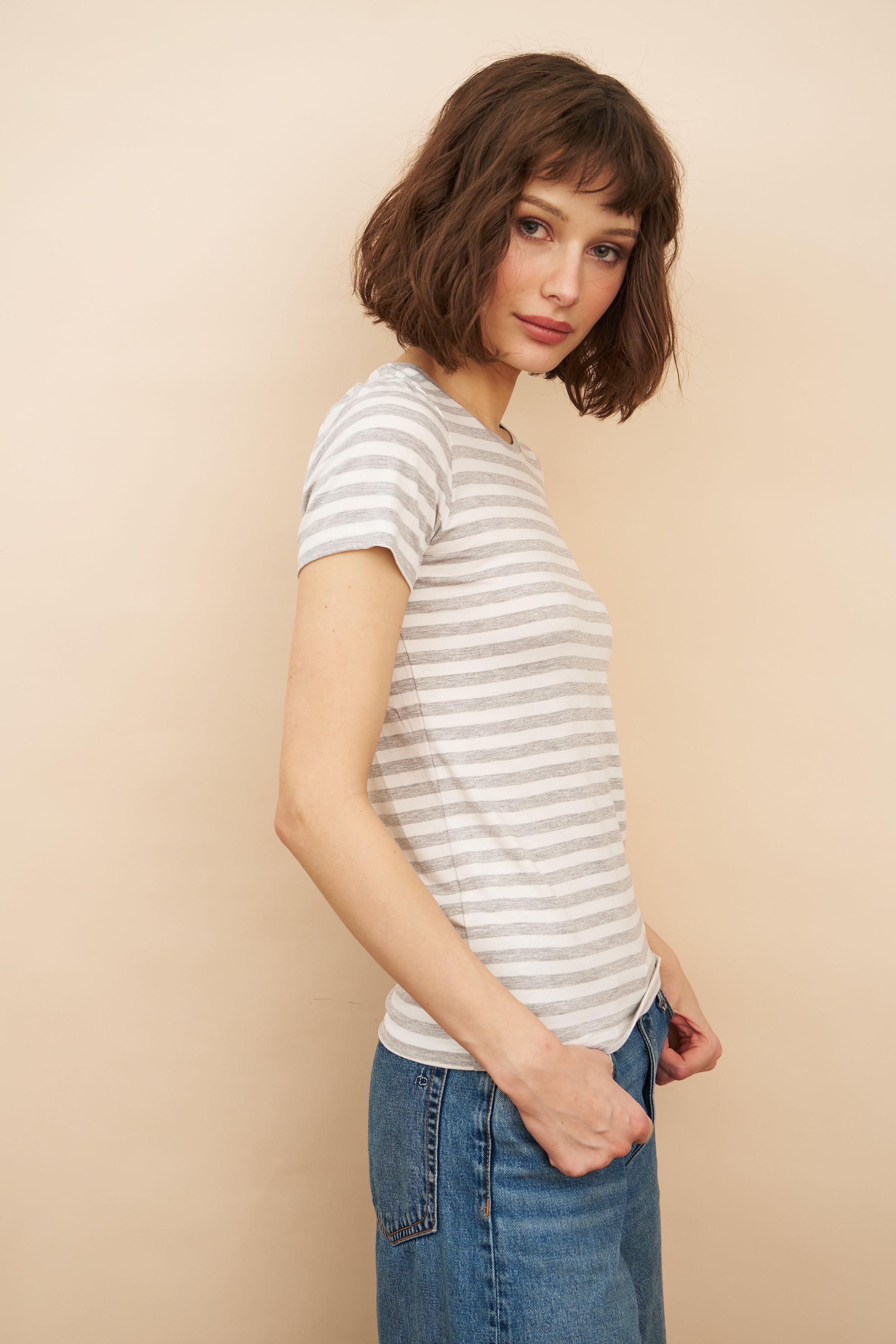 Soft Touch Stripe Short Sleeve Crewneck in Gris Chine Clair