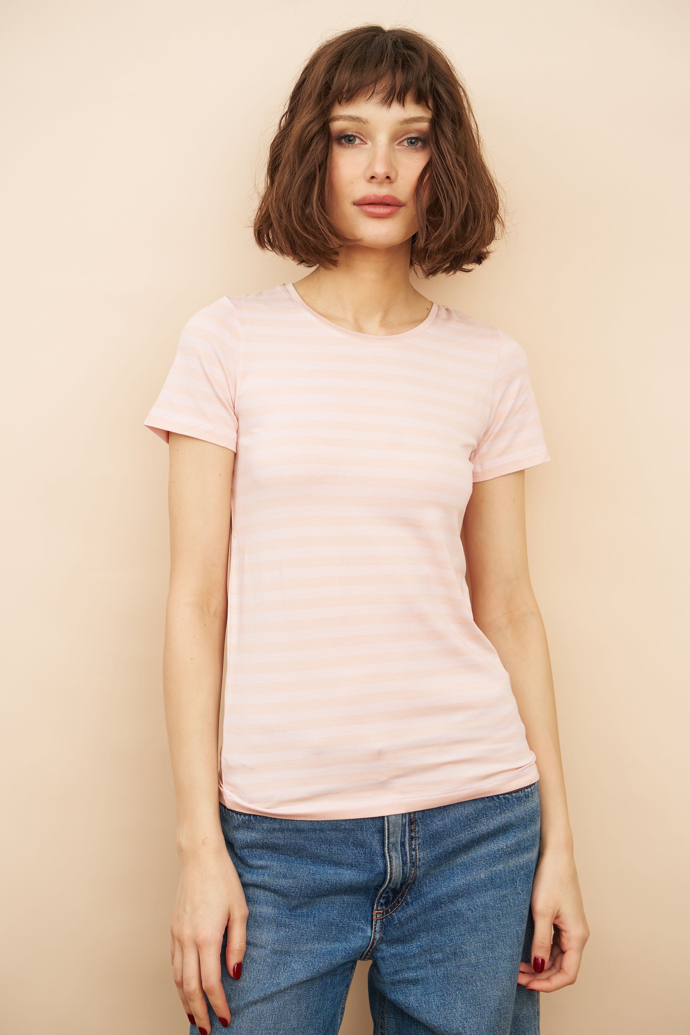 Soft Touch Stripe Short Sleeve Crewneck in Soft Pink