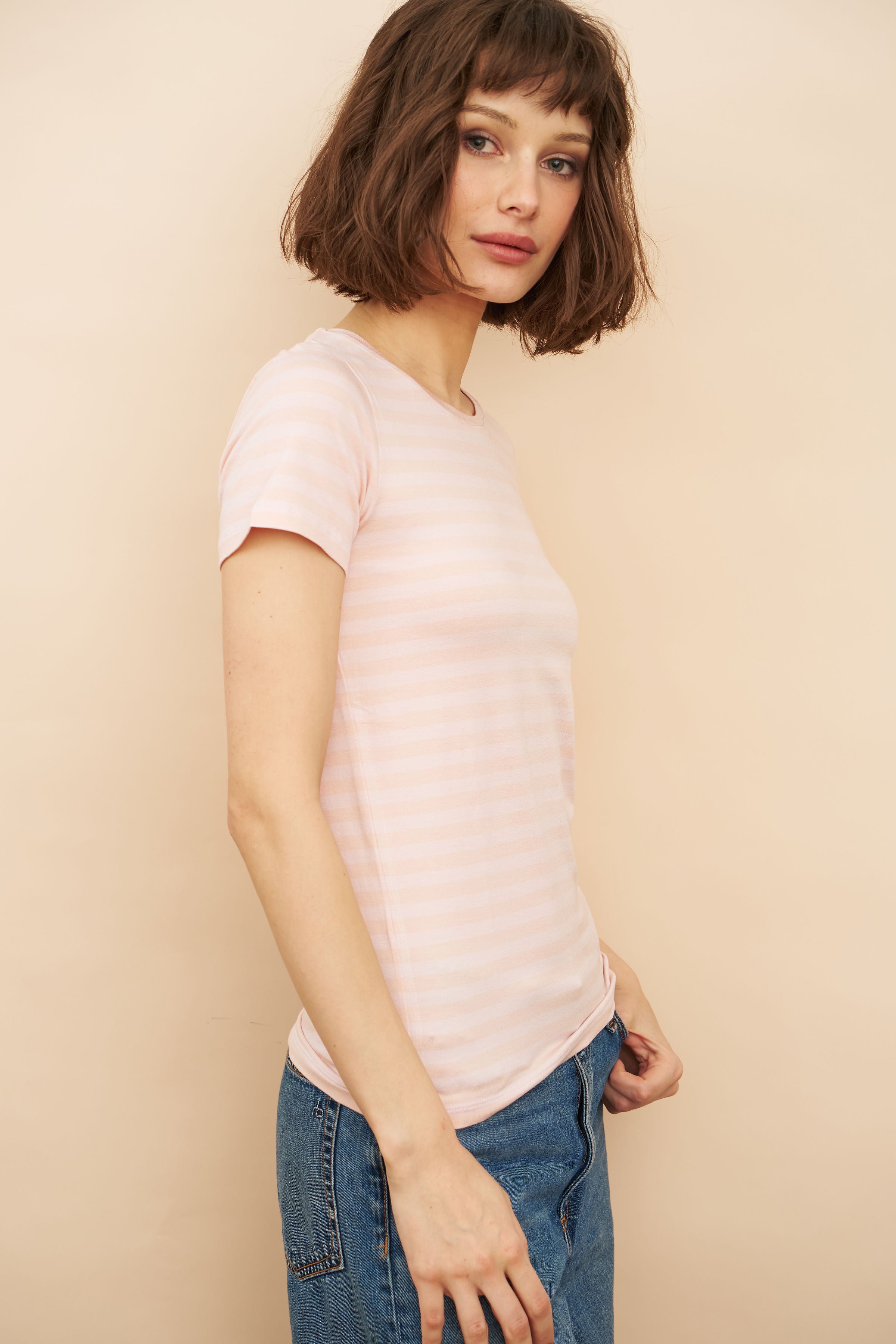 Soft Touch Stripe Short Sleeve Crewneck in Soft Pink
