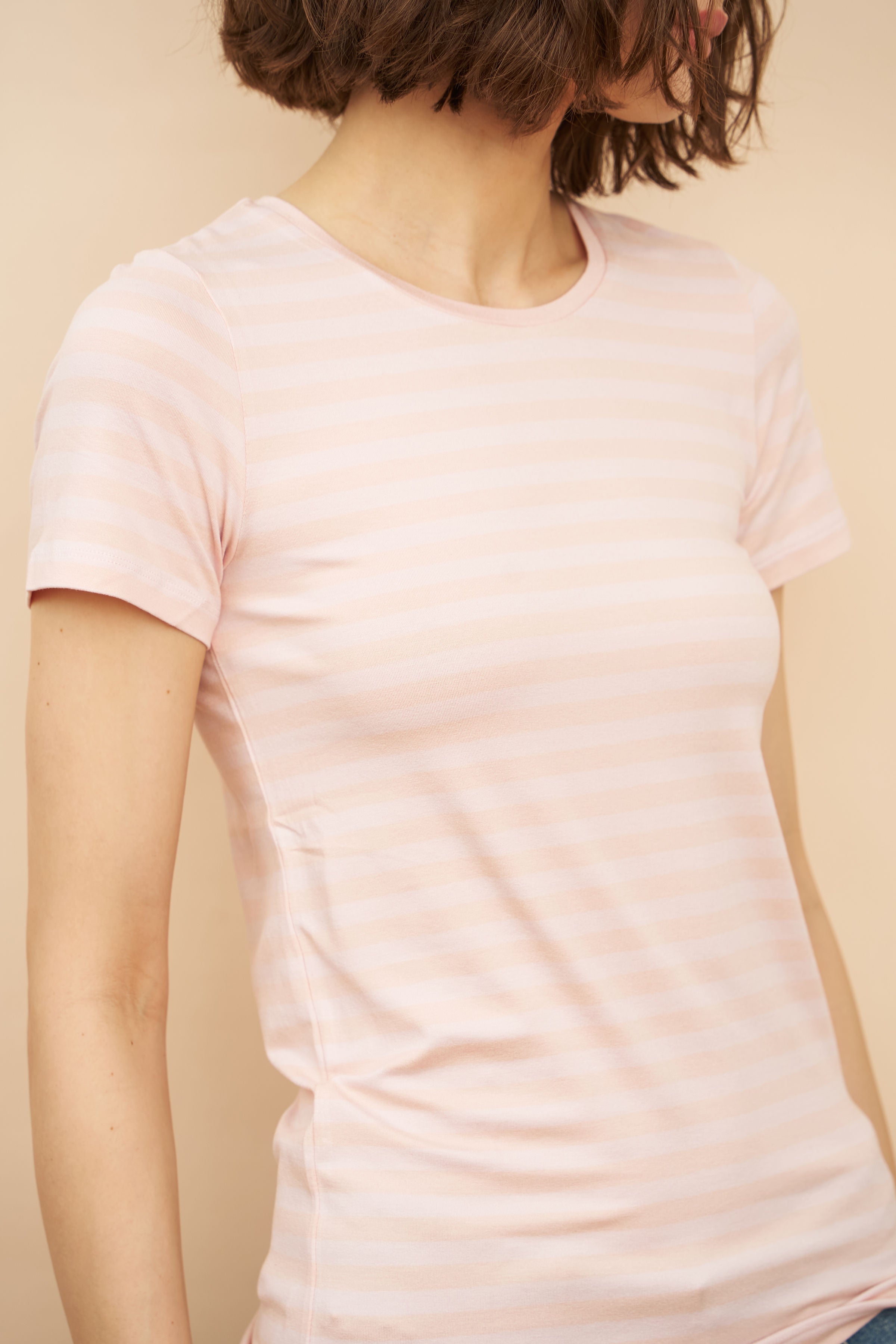 Soft Touch Stripe Short Sleeve Crewneck in Soft Pink