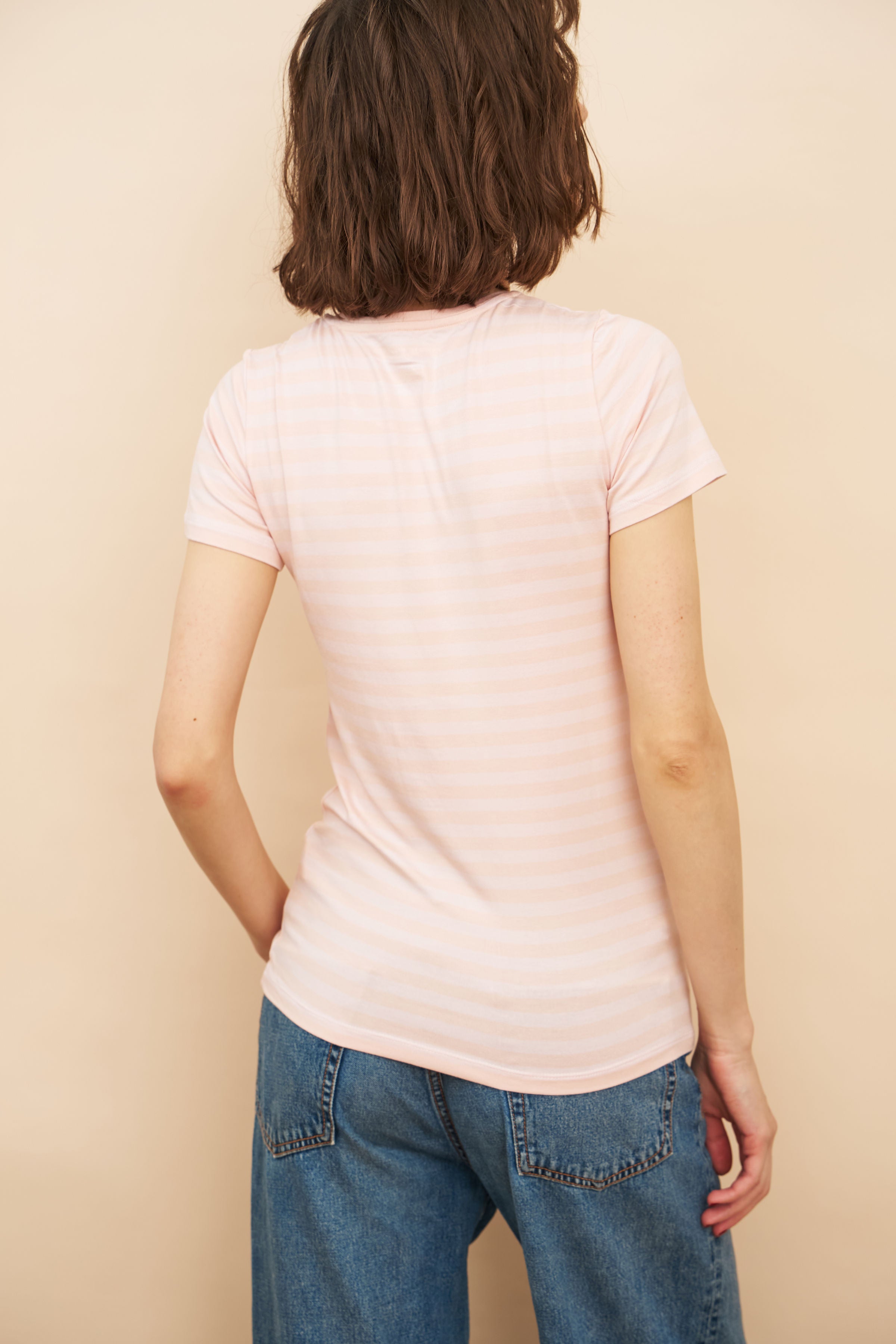 Soft Touch Stripe Short Sleeve Crewneck in Soft Pink