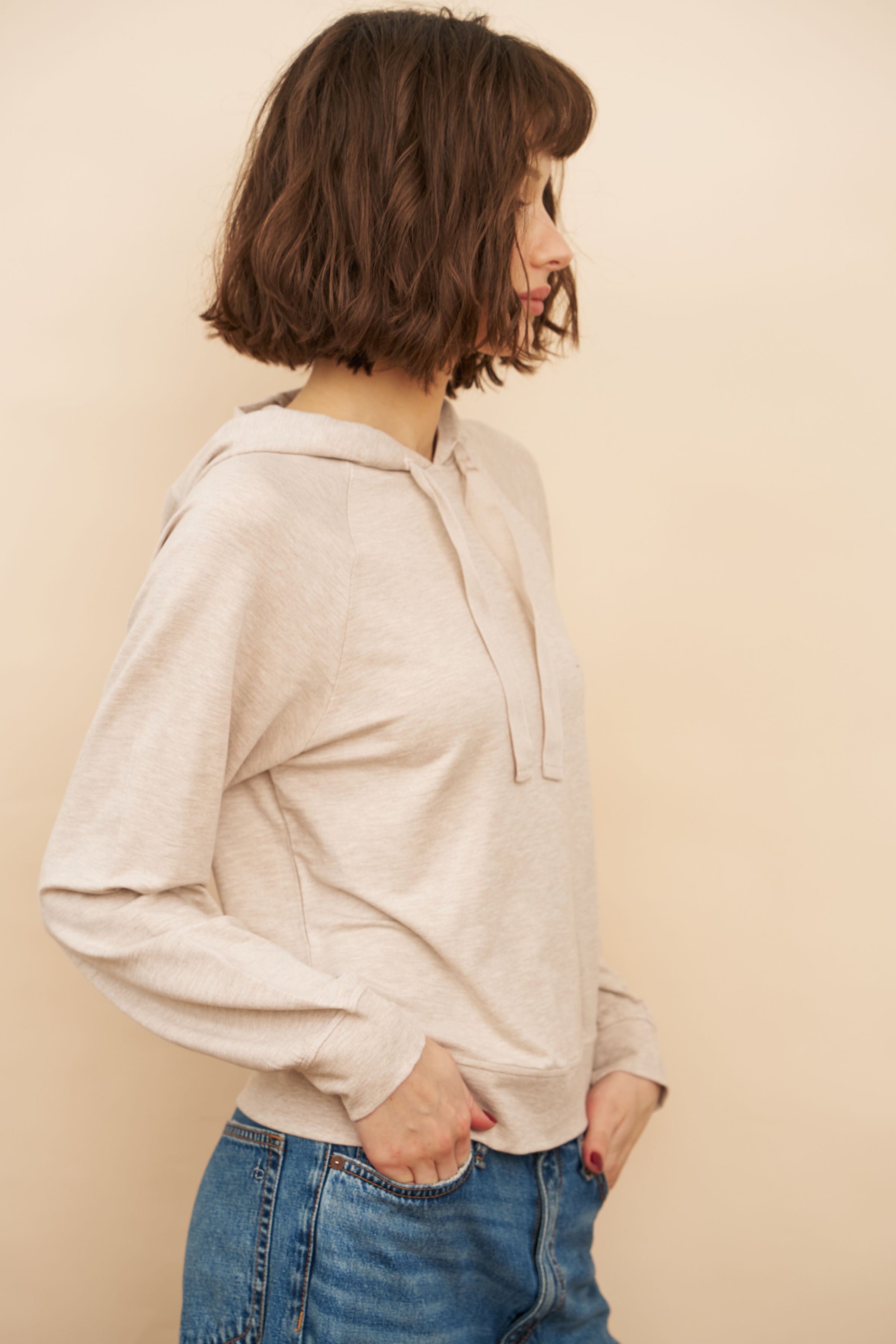 French Terry Long Sleeve Hoodie in Ecru Chine