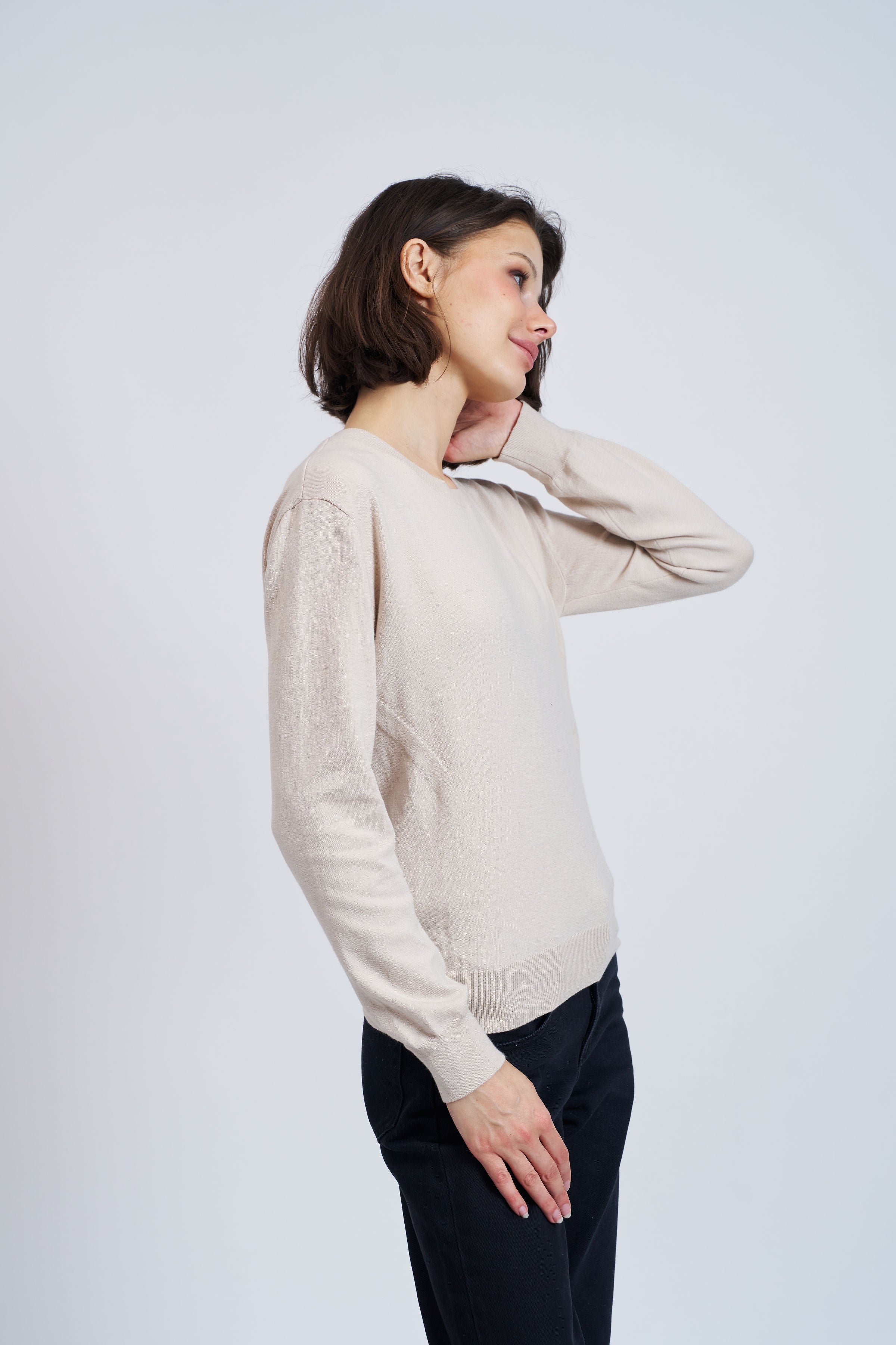 Organic Cotton Knit Long Sleeve Crewneck in Chalk