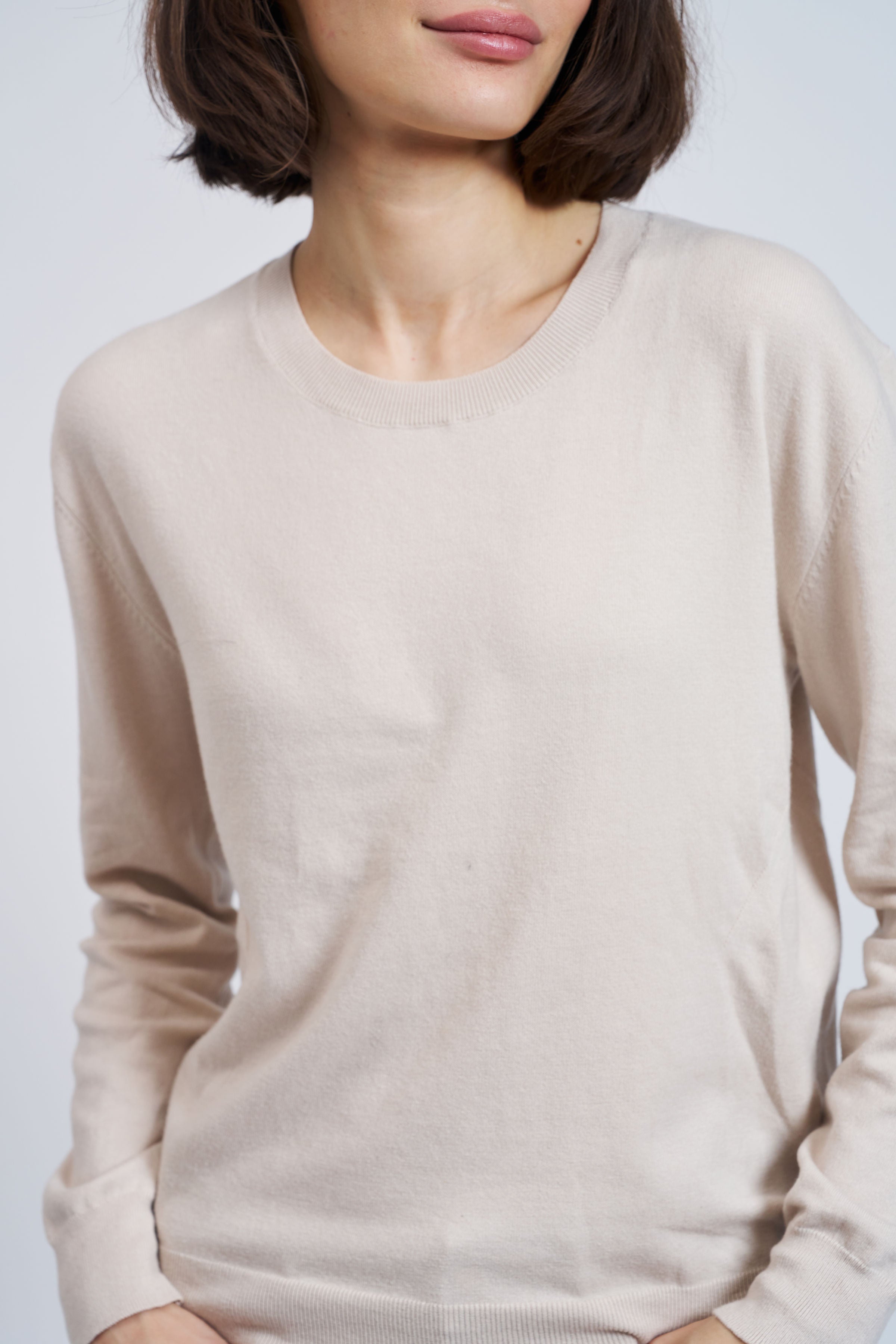 Organic Cotton Knit Long Sleeve Crewneck in Chalk
