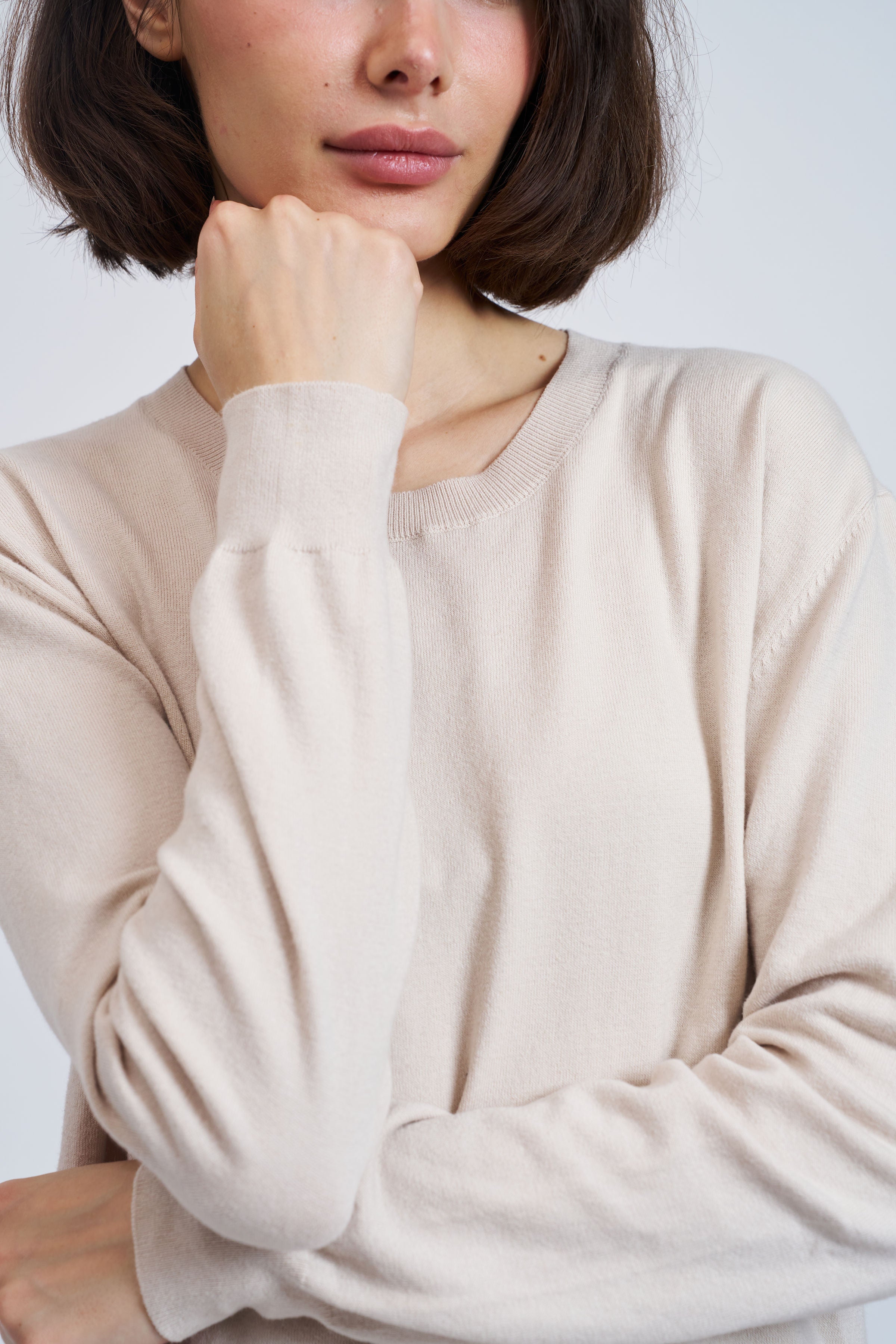 Organic Cotton Knit Long Sleeve Crewneck in Chalk