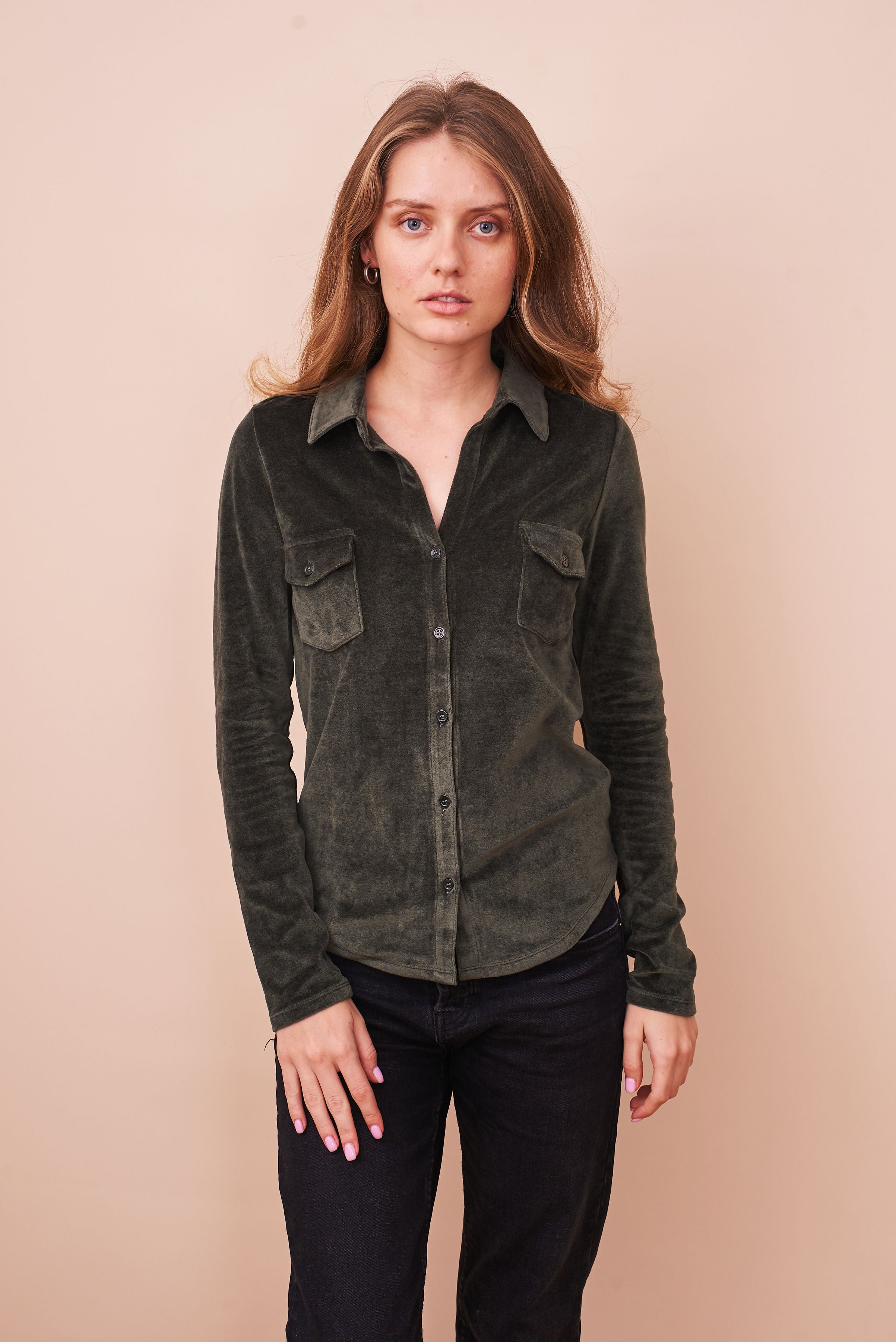 Velour Long Sleeve Pocket Shirt in Forest