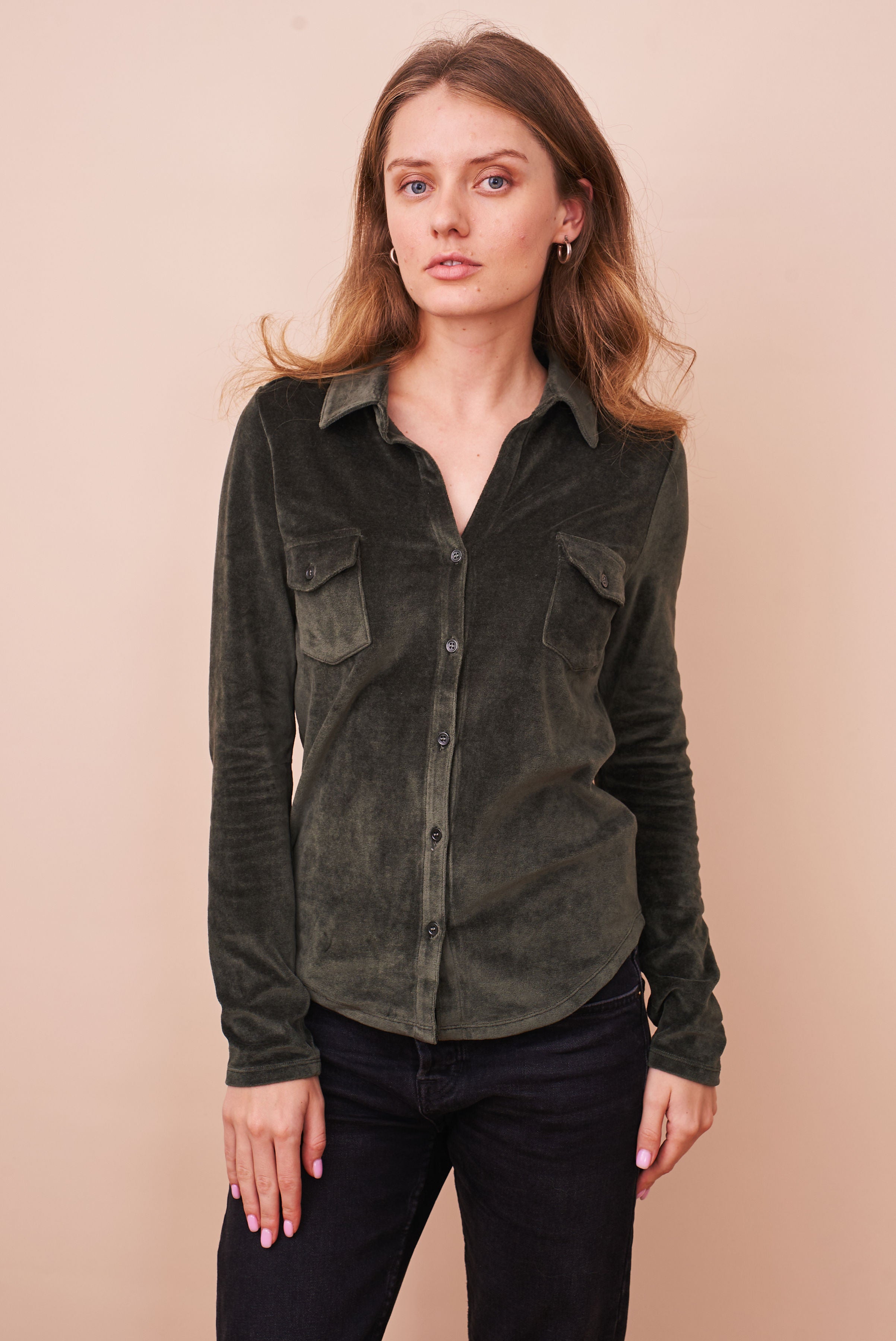 Velour Long Sleeve Pocket Shirt in Forest