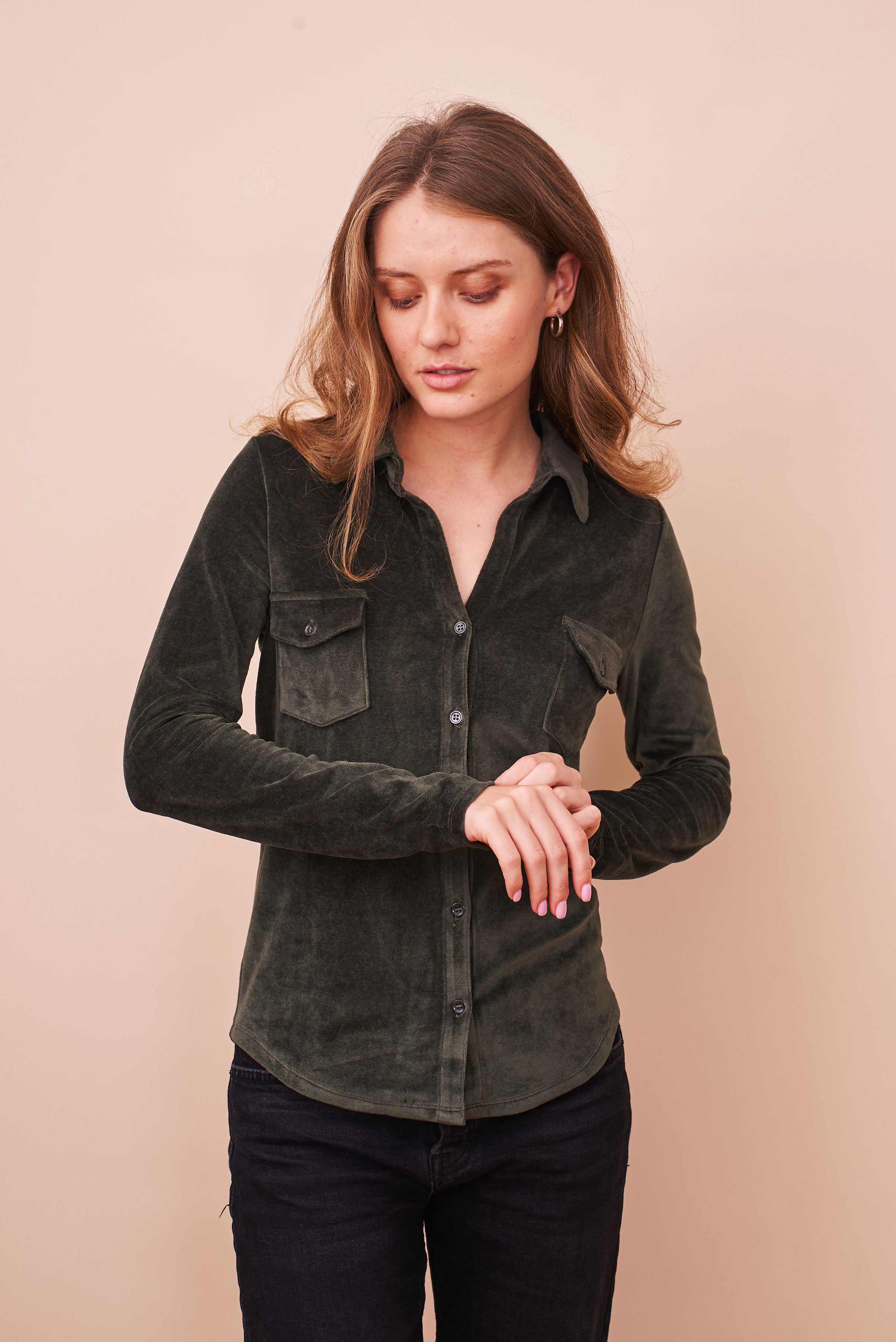 Velour Long Sleeve Pocket Shirt in Forest