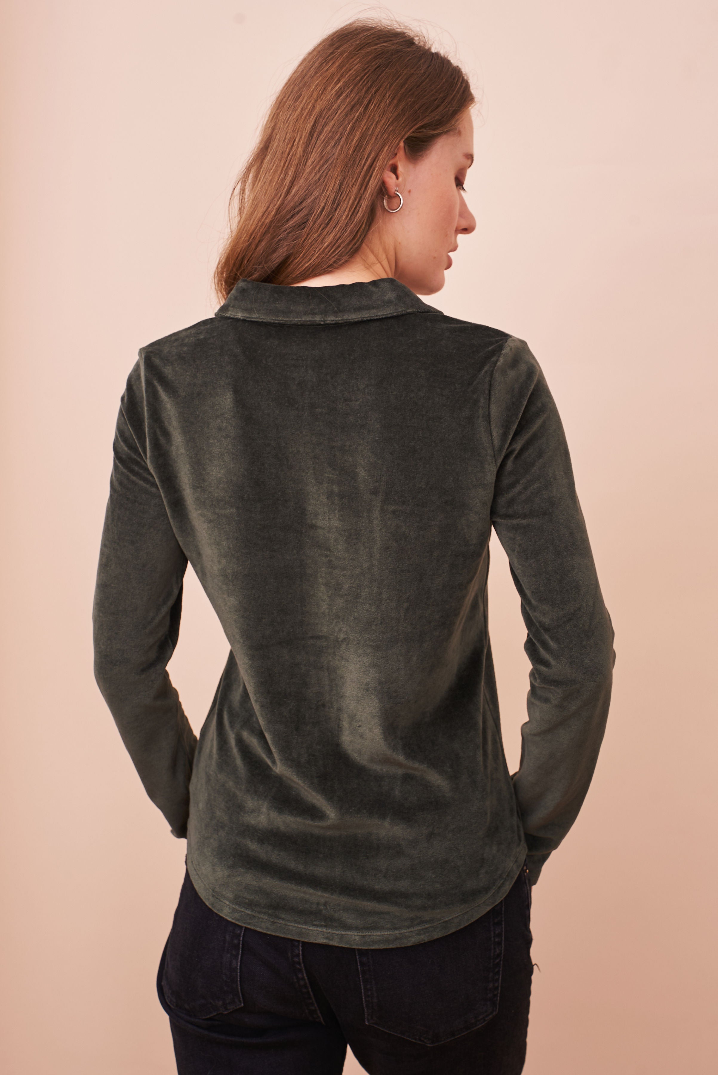 Velour Long Sleeve Pocket Shirt in Forest