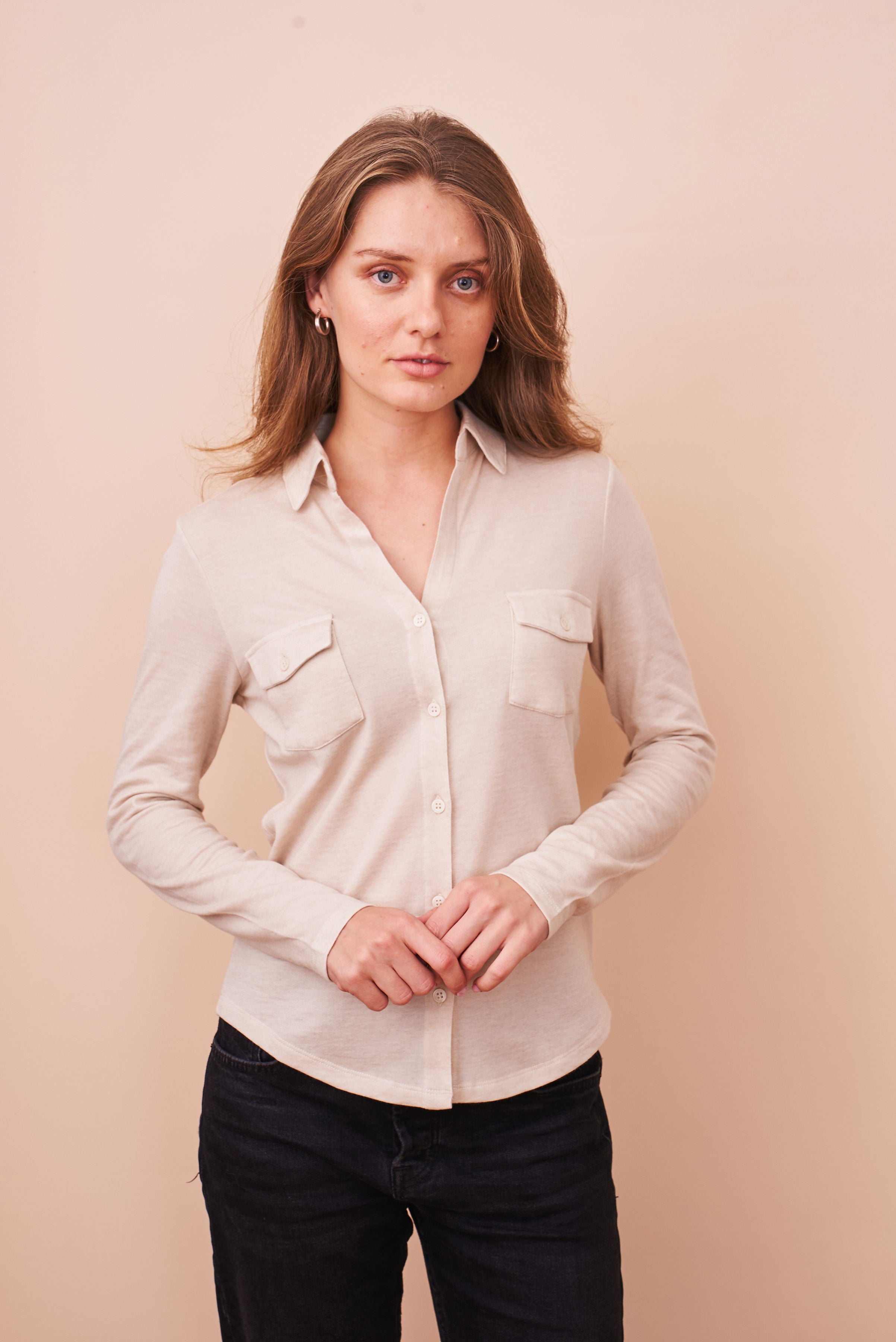 Cotton Cashmere Double Face Long Sleeve Pocket Shirt in Greige