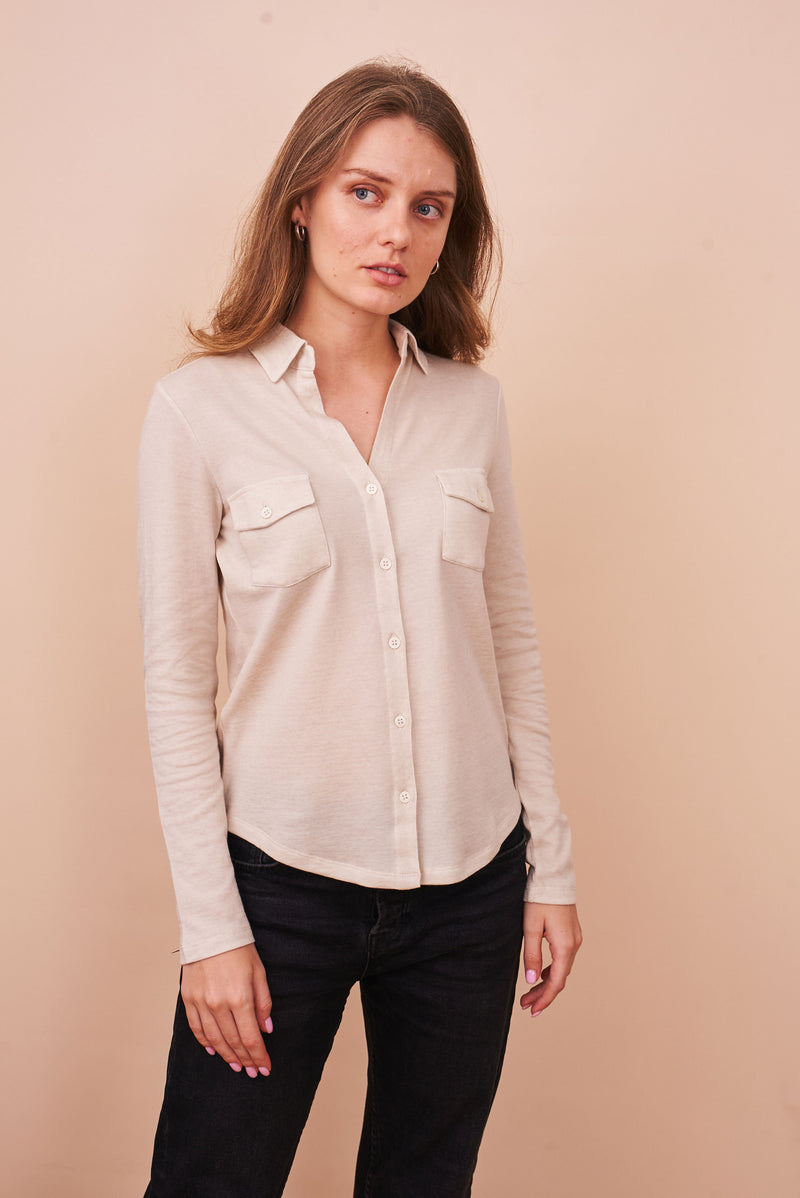 Cotton Cashmere Double Face Long Sleeve Pocket Shirt in Greige