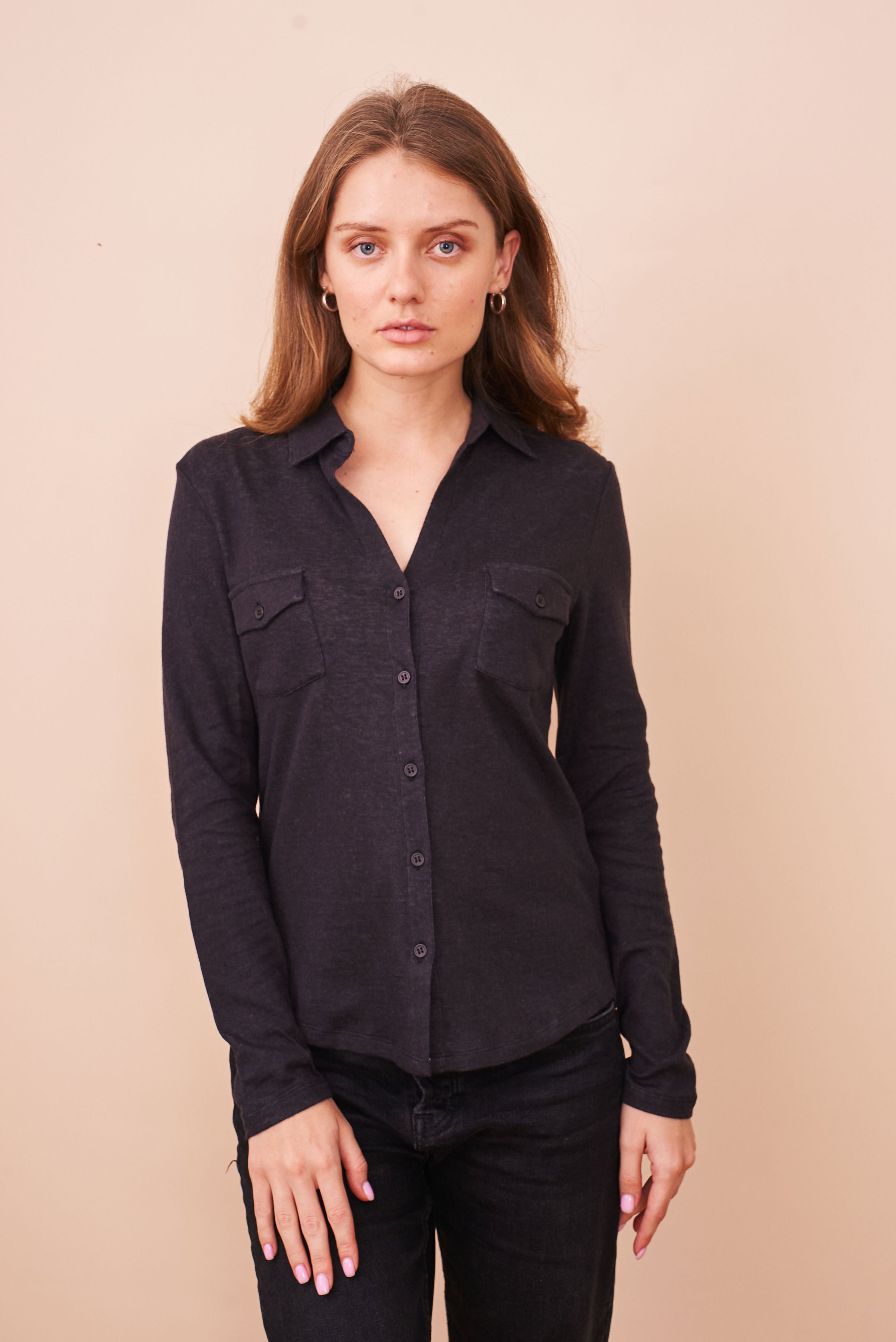 Cotton Cashmere Double Face Long Sleeve Pocket Shirt in Noir/Gris Chine