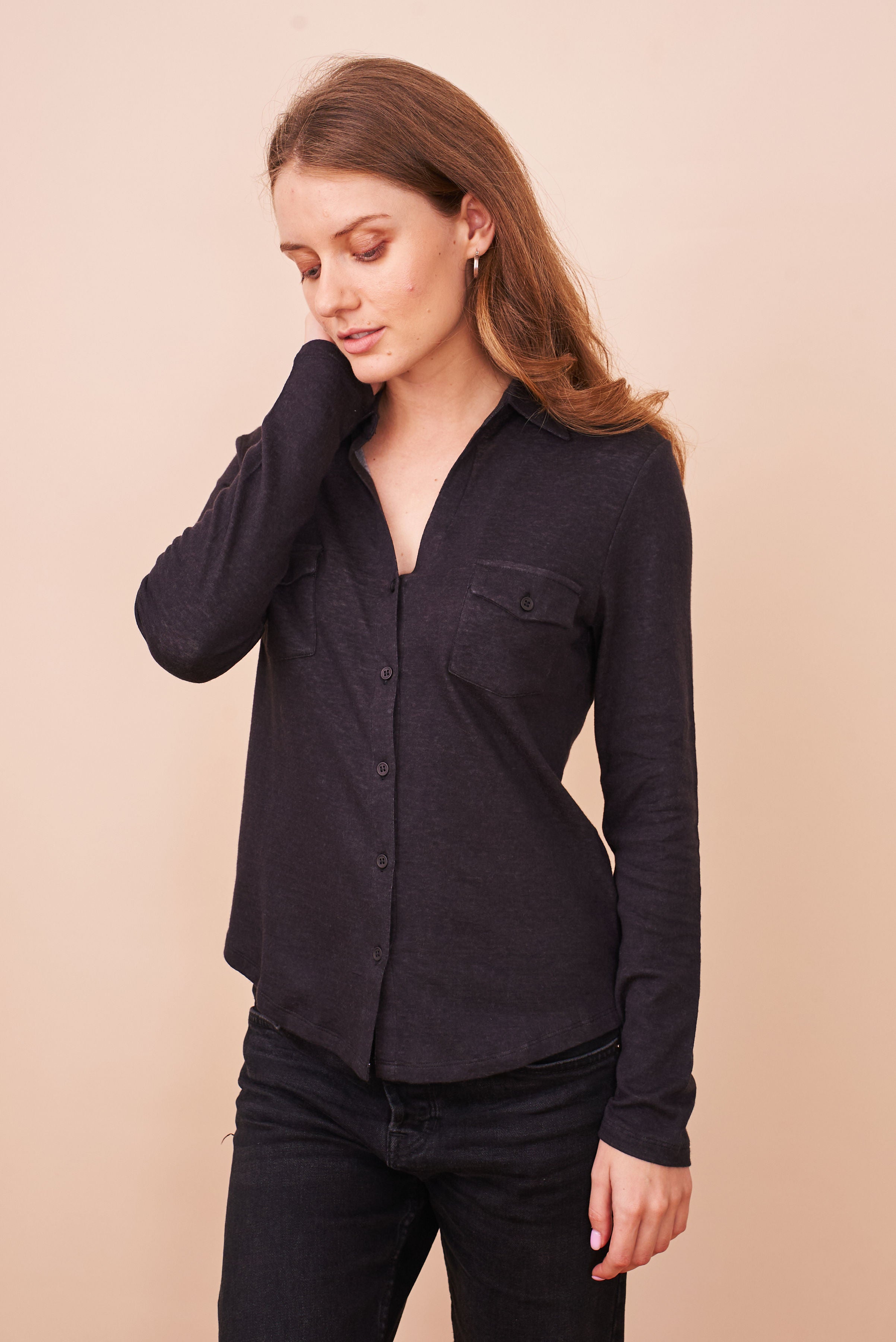 Cotton Cashmere Double Face Long Sleeve Pocket Shirt in Noir/Gris Chine