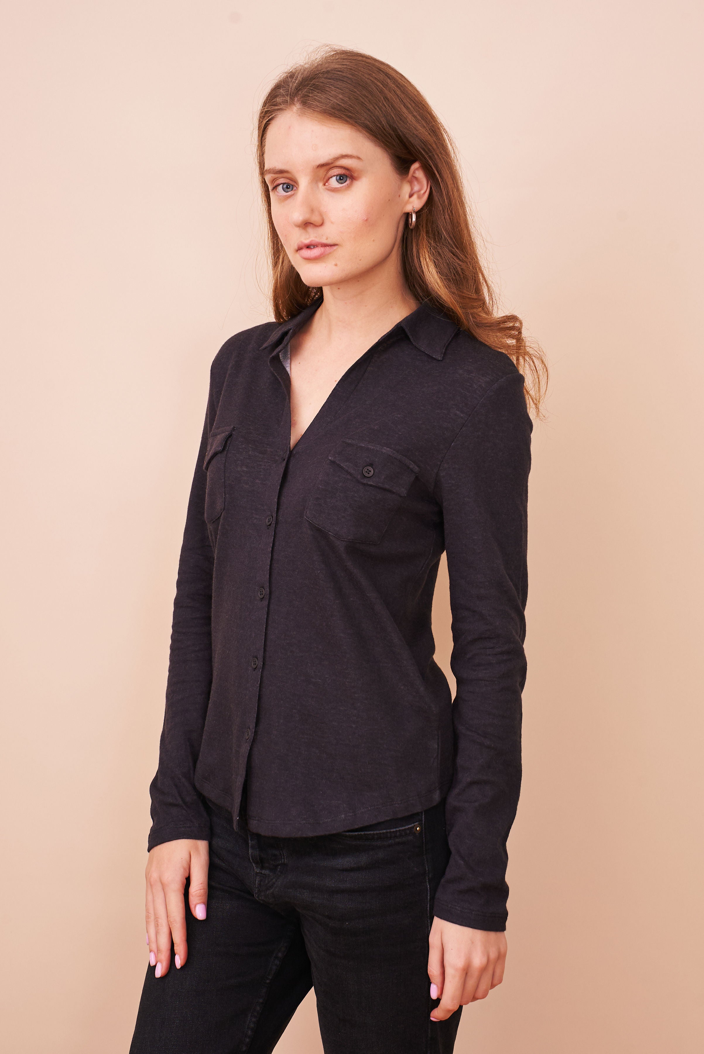 Cotton Cashmere Double Face Long Sleeve Pocket Shirt in Noir/Gris Chine