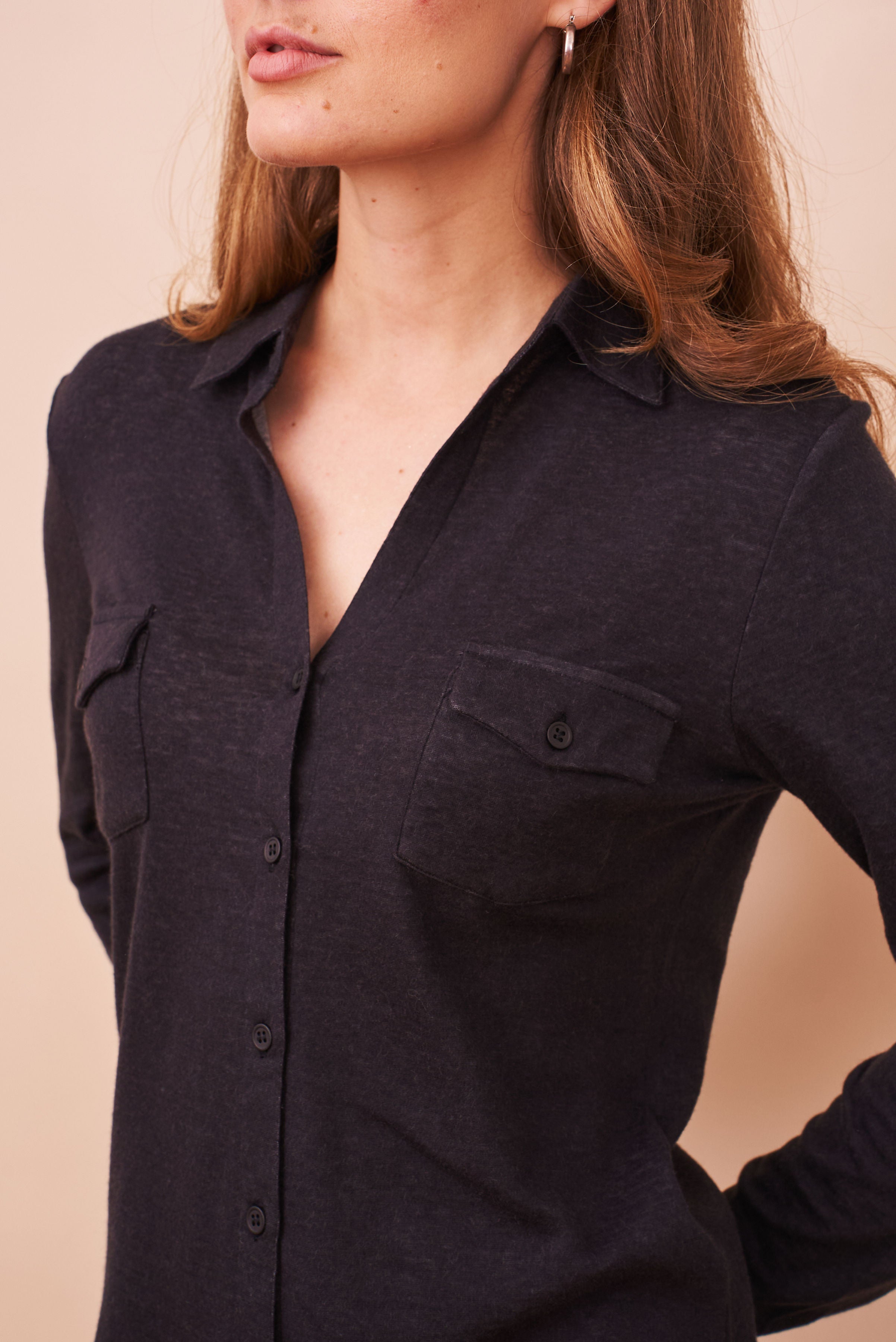 Cotton Cashmere Double Face Long Sleeve Pocket Shirt in Noir/Gris Chine