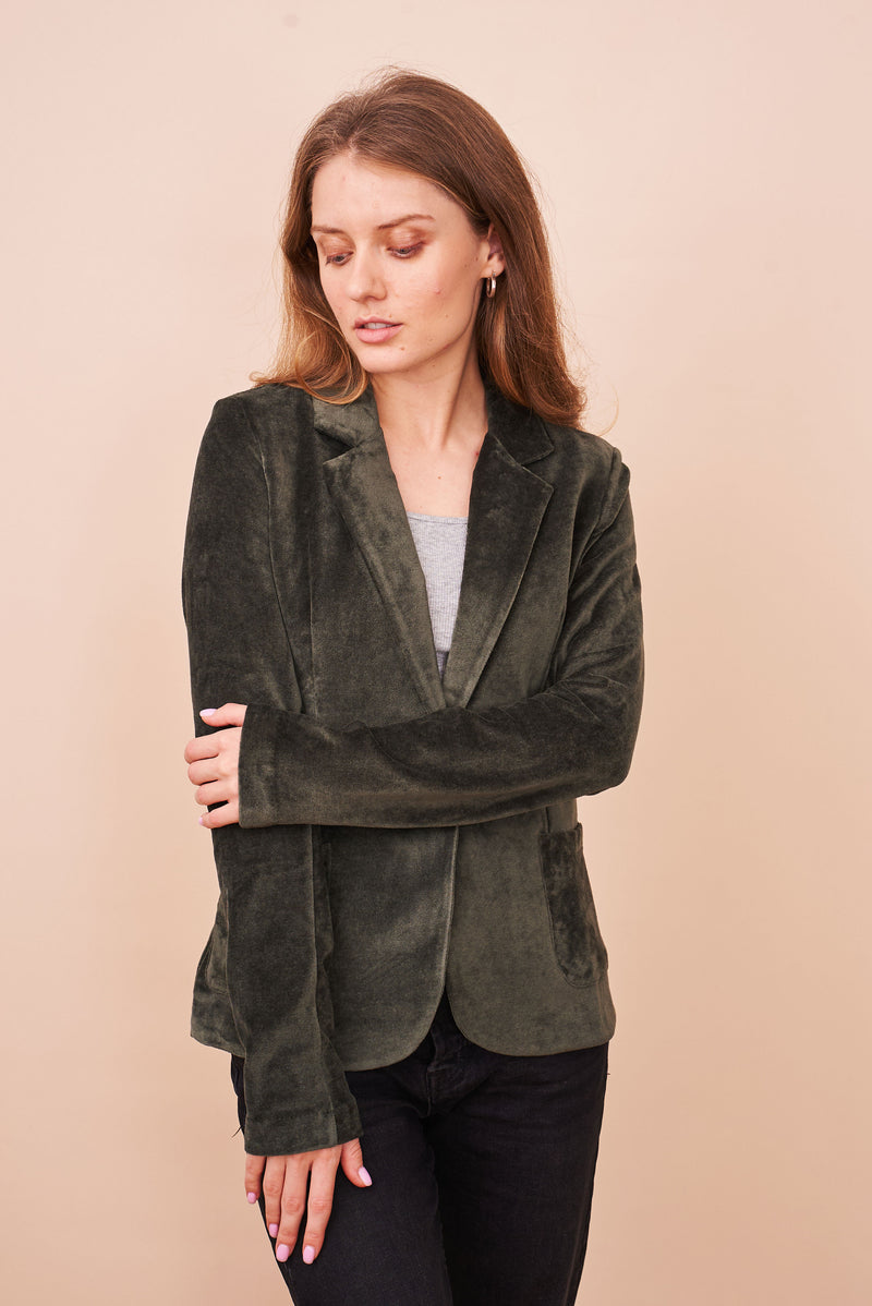 Velour One Button Blazer in Forest