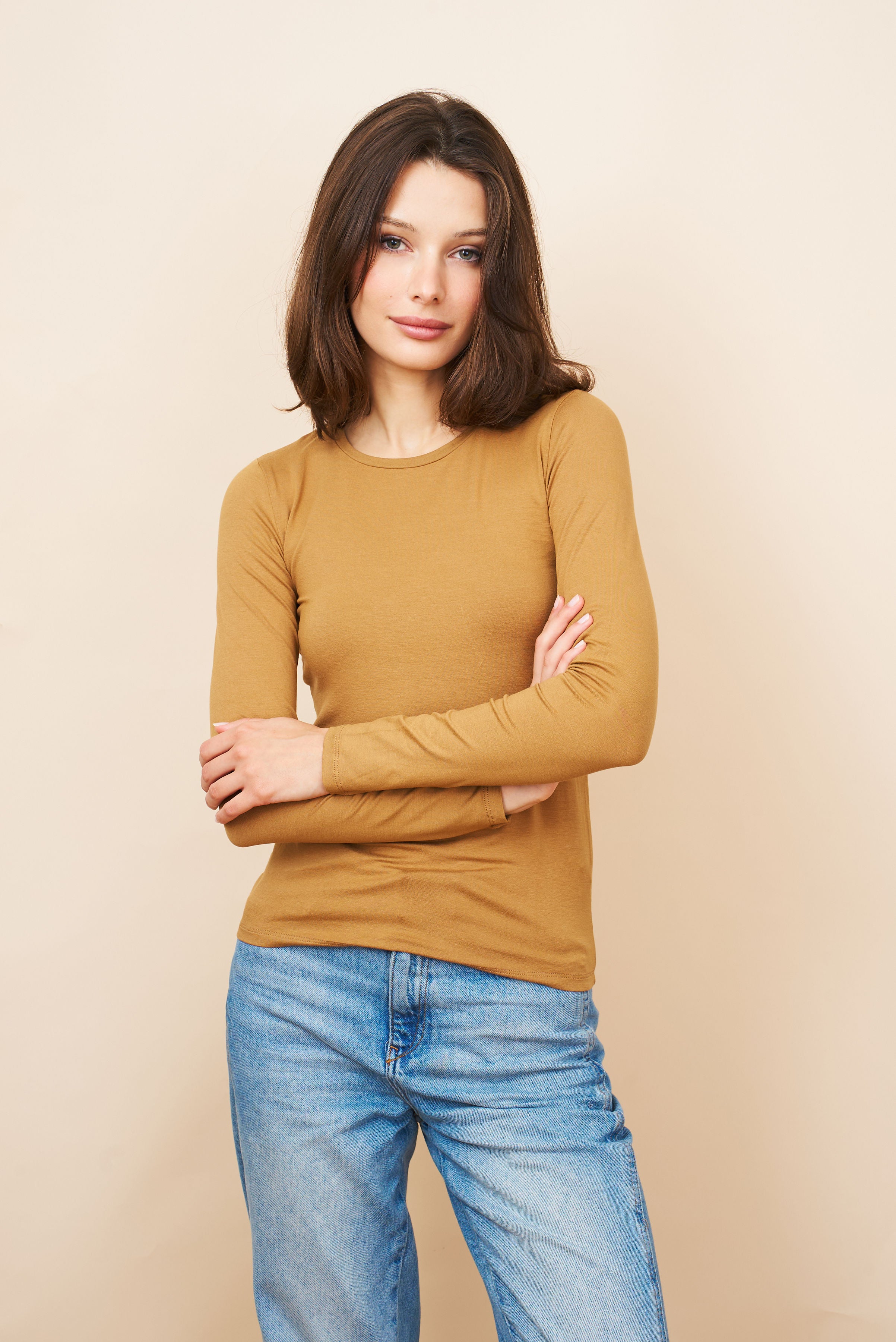 Majestic Long Sleeve Soft Touch Viscose Crewneck in Chamois