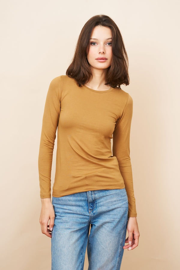Majestic Long Sleeve Soft Touch Viscose Crewneck in Chamois