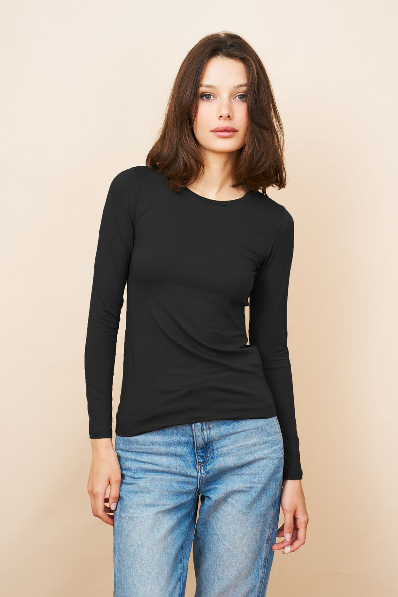 Majestic Long Sleeve Soft Touch Viscose Crewneck in Noir