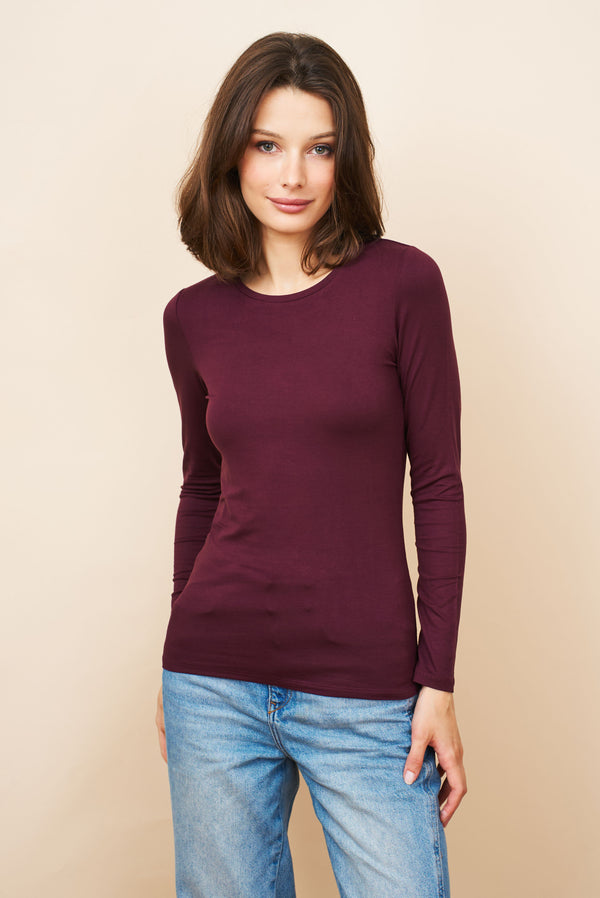 Majestic Long Sleeve Soft Touch Viscose Crewneck in Prune