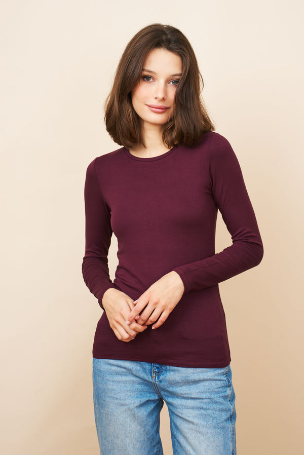 Majestic Long Sleeve Soft Touch Viscose Crewneck in Prune